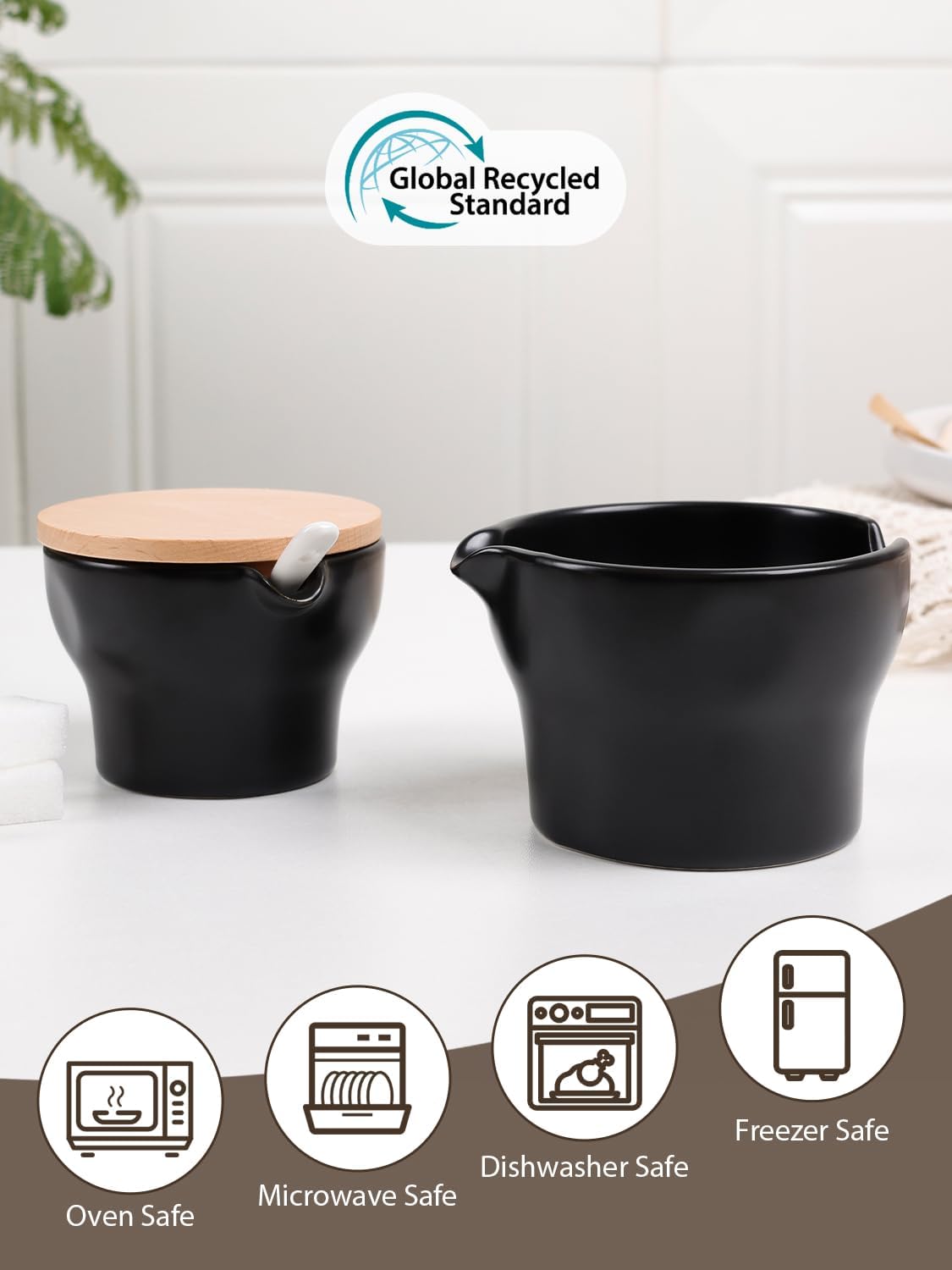 INGOFIN Ceramic Sugar and Creamer Set with Lid and Spoon, 3-Piece Porcelain Creamer Pitcher Milk Jug and Sugar Bowl for Coffee Bar, Tea Time, Kitchen Serving,3.5oz & 6oz, Dishwasher Safe, Modern Black