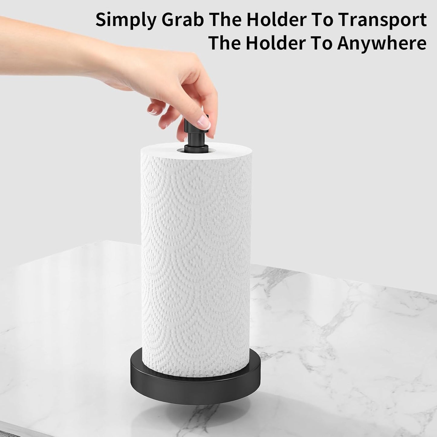 Paper Towel Holder Countertop, Black Paper Towel Holder with Weighted Base Non Slip, Standing Paper Towel Roll Holder for Kitchen Bathroom, Easy One-Handed Operation, Stainles Steel (Matte Black)