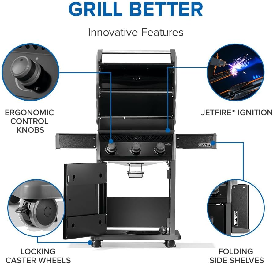 Napoleon Rogue 425 Propane Gas Grill, Black, Durable 3-Burner BBQ