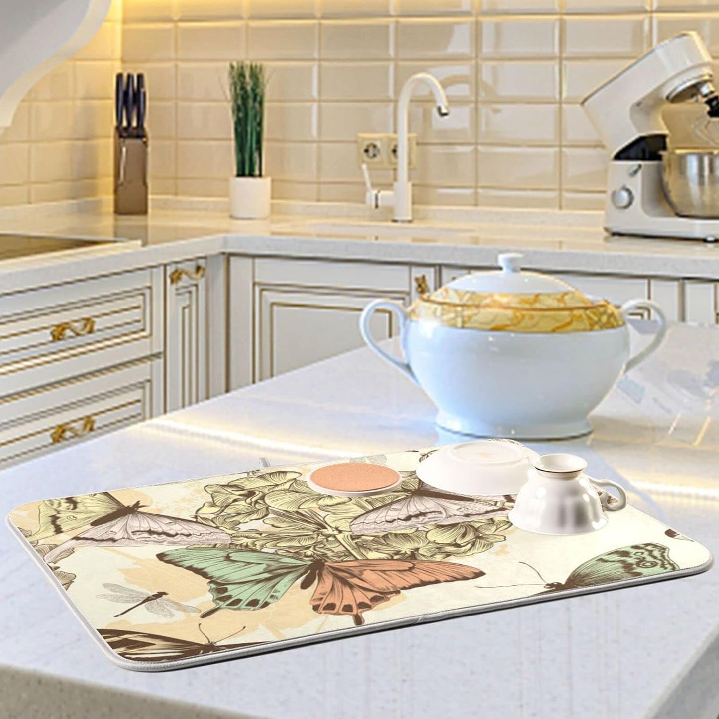 Super Absorbent Dish Drying Mat, Microfiber Fast-Drying Dish Mat, 16" x 18", Kitchen Dish Drying Pad, Retro Butterfly