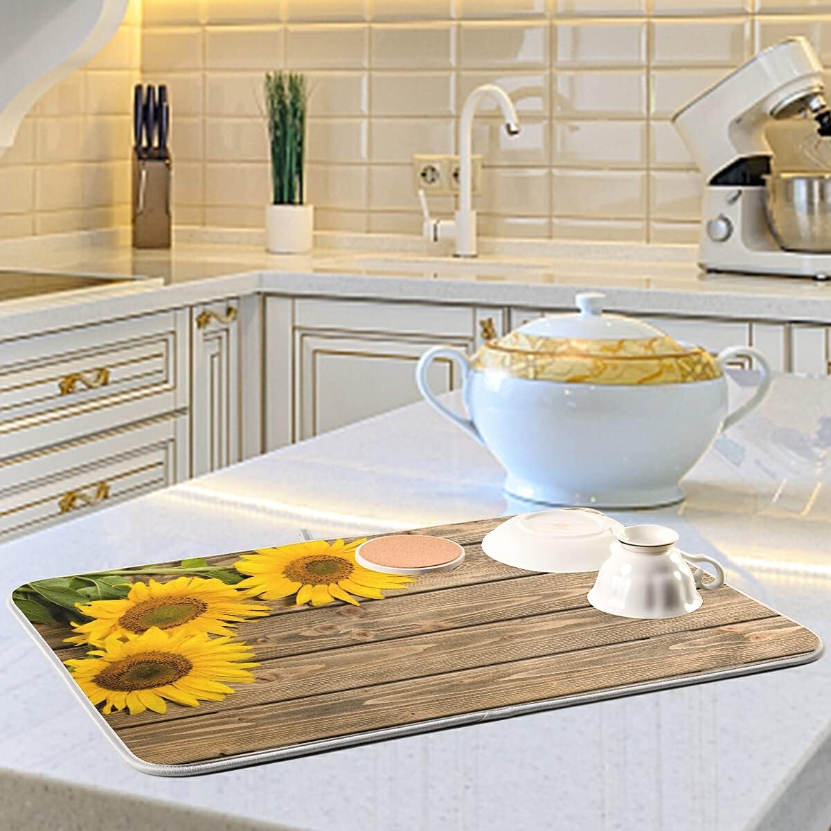 Super Absorbent Dish Drying Mat, Microfiber Fast-Drying Dish Mat, 24" x 18", Kitchen Dish Drying Pad, Sunflowers On The Wooden