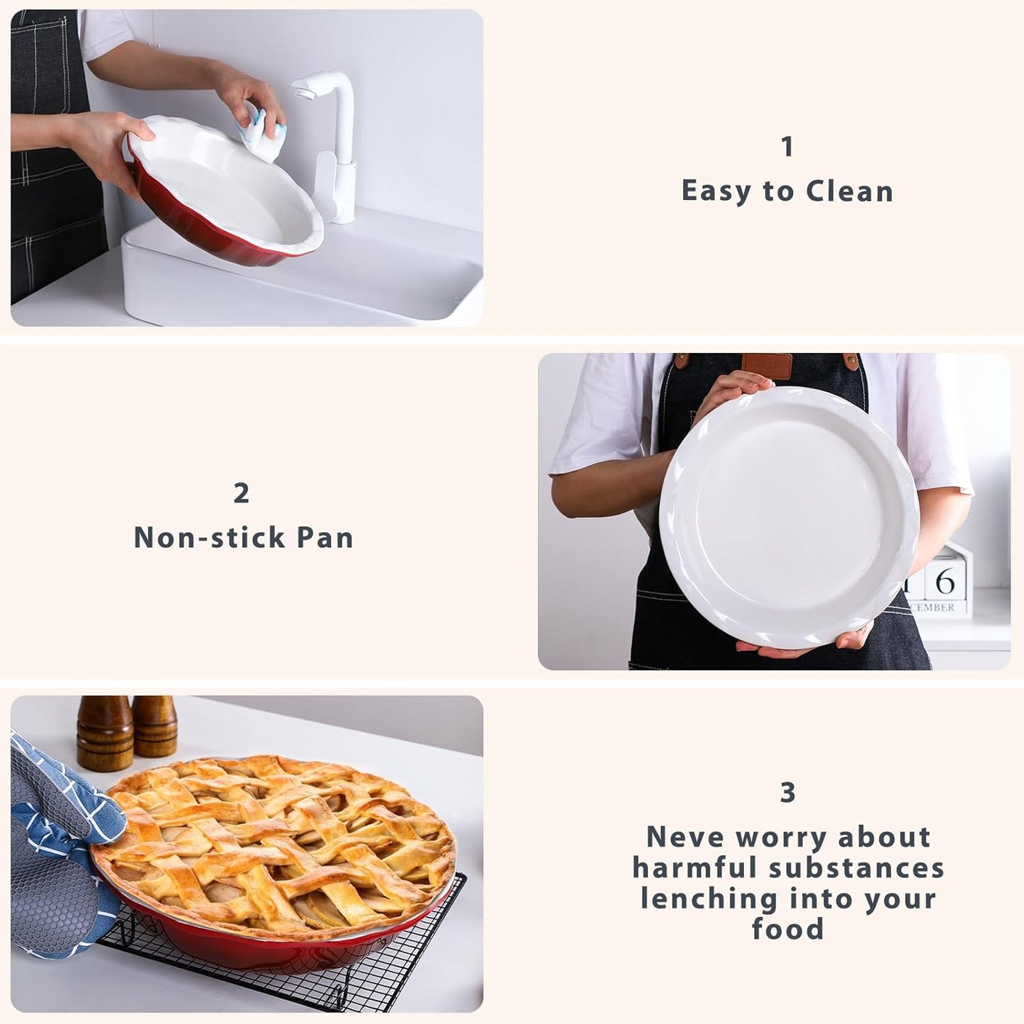 Lareina Pie Pans for Baking, Ceramic 9 Inch Deep Pie Dish with Rippled Edge for Apple Pie, Pecan Pie, Colorful and Durable Pie Plate, Christmas Gifts for Women, Set of 2, Red