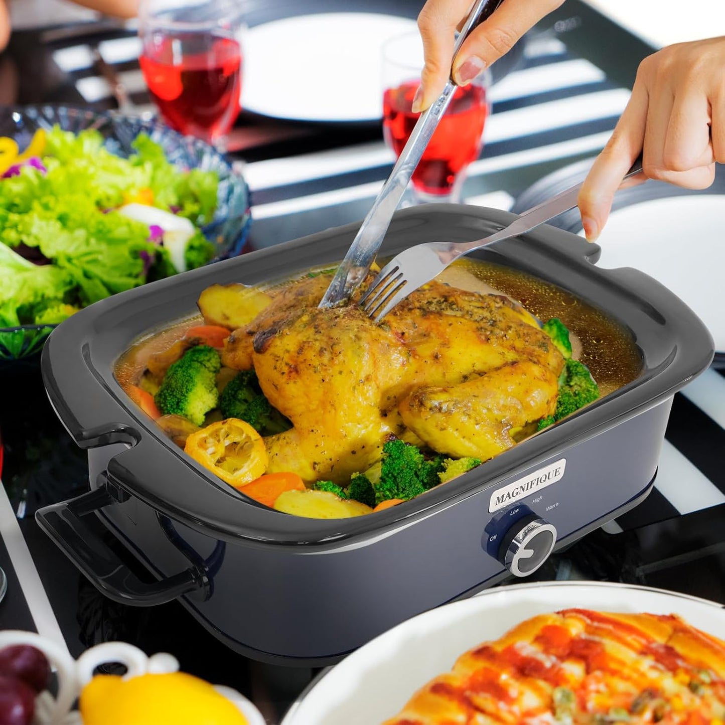 Magnifique 4-Quart Slow Cooker with Casserole Manual Warm Setting - Perfect Kitchen Small Appliance for Family Dinners, Dishwasher Safe Crock, Blue