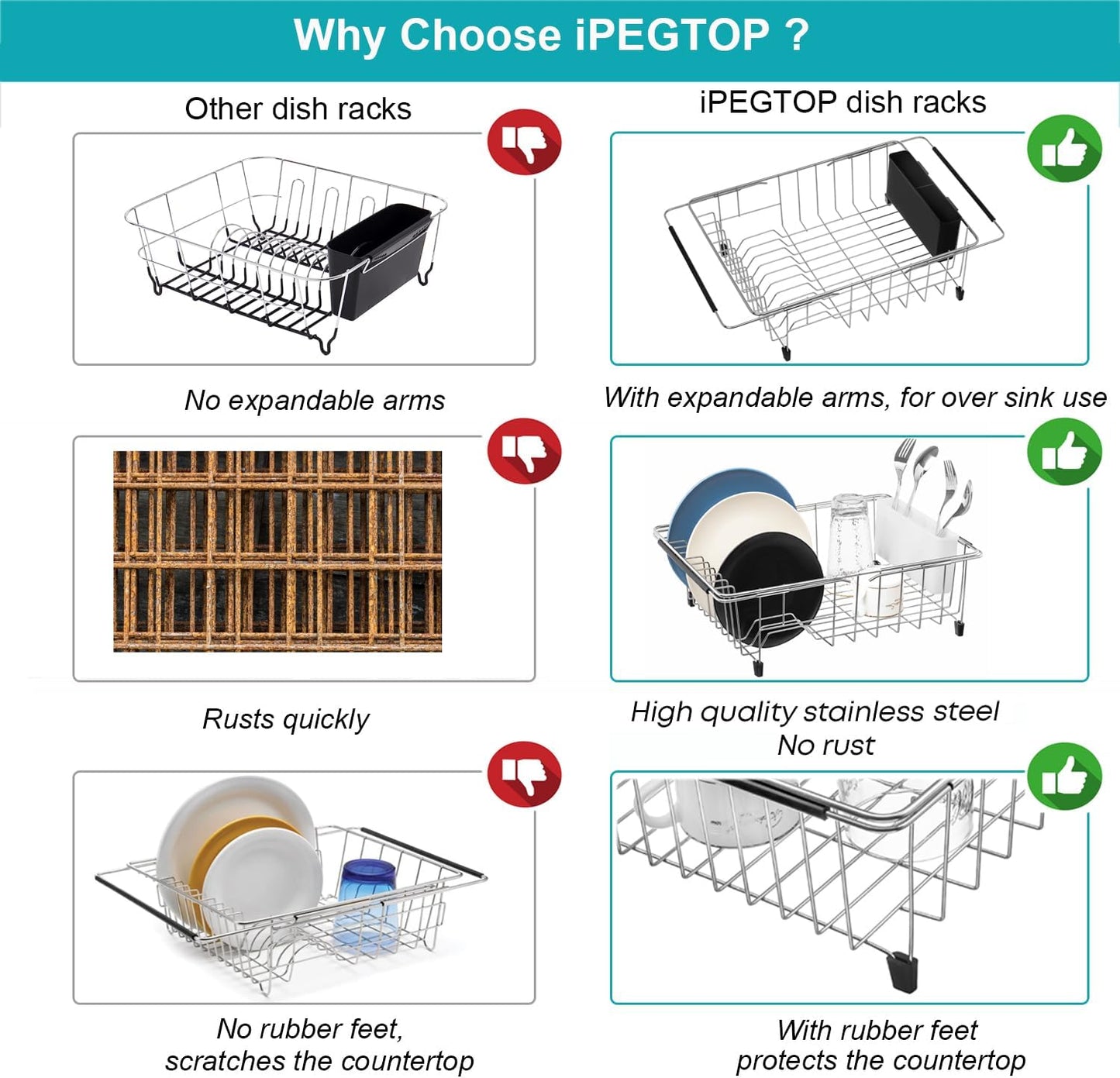 iPEGTOP Expandable Multifunctional Dish Drying Rack, Over The Sink, in Sink Or On Counter Dish Drainer Basket Organizer Shelf with Removable Grey Utensil Silverware Holder, Rustproof Stainless Steel