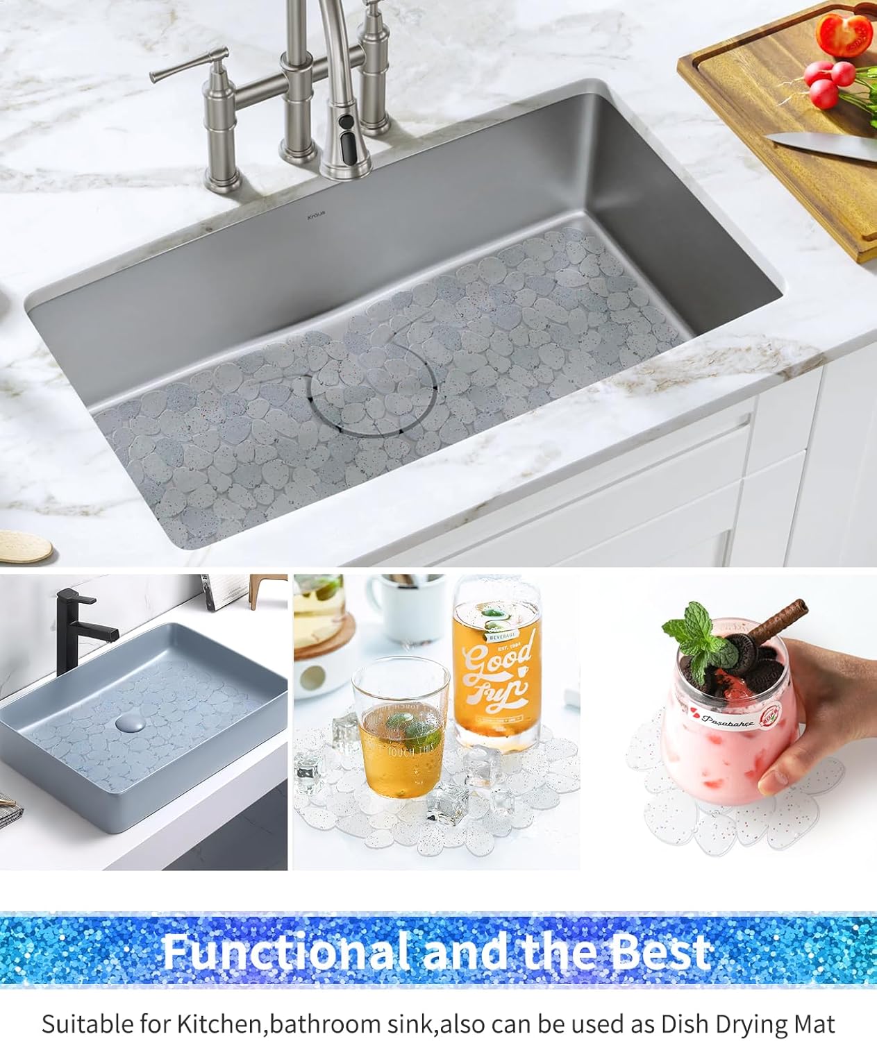 Bligli Pebble Sink Mat for Stainless Steel/Ceramic Sinks, PVC Eco-Friendly Sink Protectors for Bottom of Kitchen Sink, Dishes and Glassware, Fast Draining, 15.7 x 11.8 inch (2 Pack, Bling Clear)