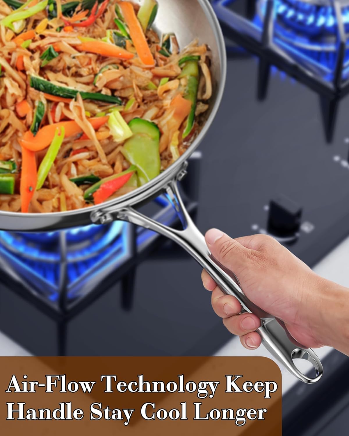 Cooks Standard Stainless Steel Frying Pan with Lid, 12-Inch Multi-Ply Clad Wok Stir Fry Pan, Kitchen Skillet, Silver