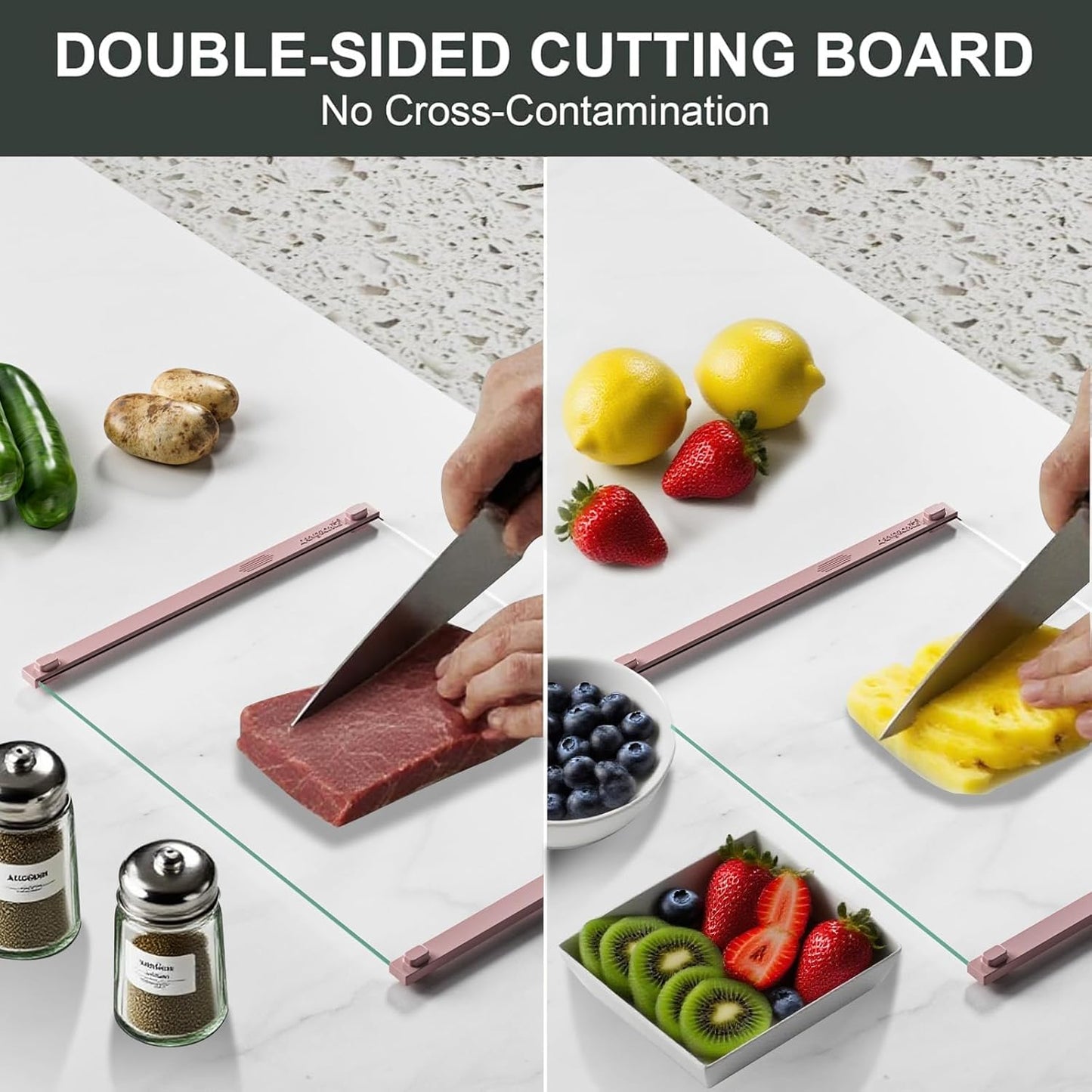 Glass Cutting Board with Silicone Grip, 80% Stronger Shatter Resistance and Slip Resistance,No Scratches/Microplastic-Free,Dishwasher Safe, Non Toxic Cutting Board for Kitchen (Pink-12 * 8"&16 * 12")