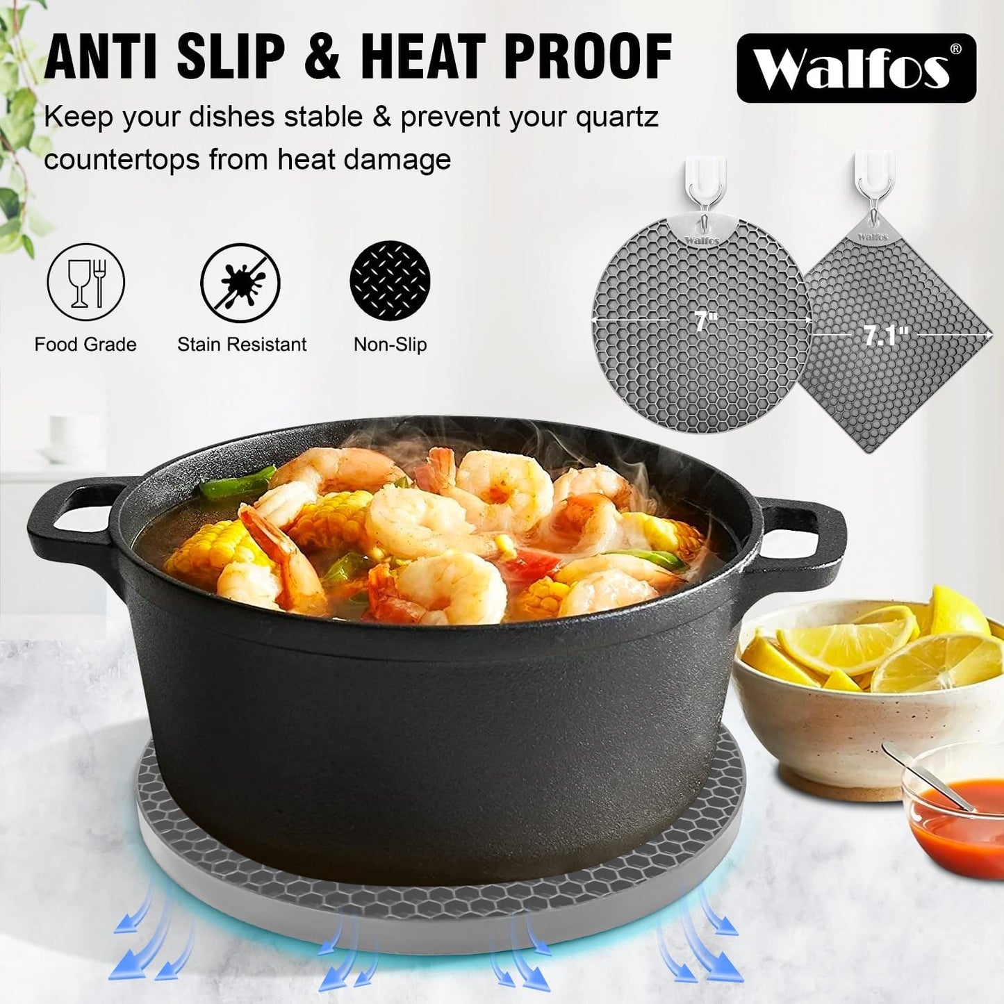 Walfos Silicone Trivet Mats - 4 Heat Resistant Pot Holders, Multipurpose Non-Slip Hot Pads for Kitchen Potholders, Hot Dishers, Jar Opener, Spoon Holder, Food Grade Silicone & BPA Free (Nordic Grey)