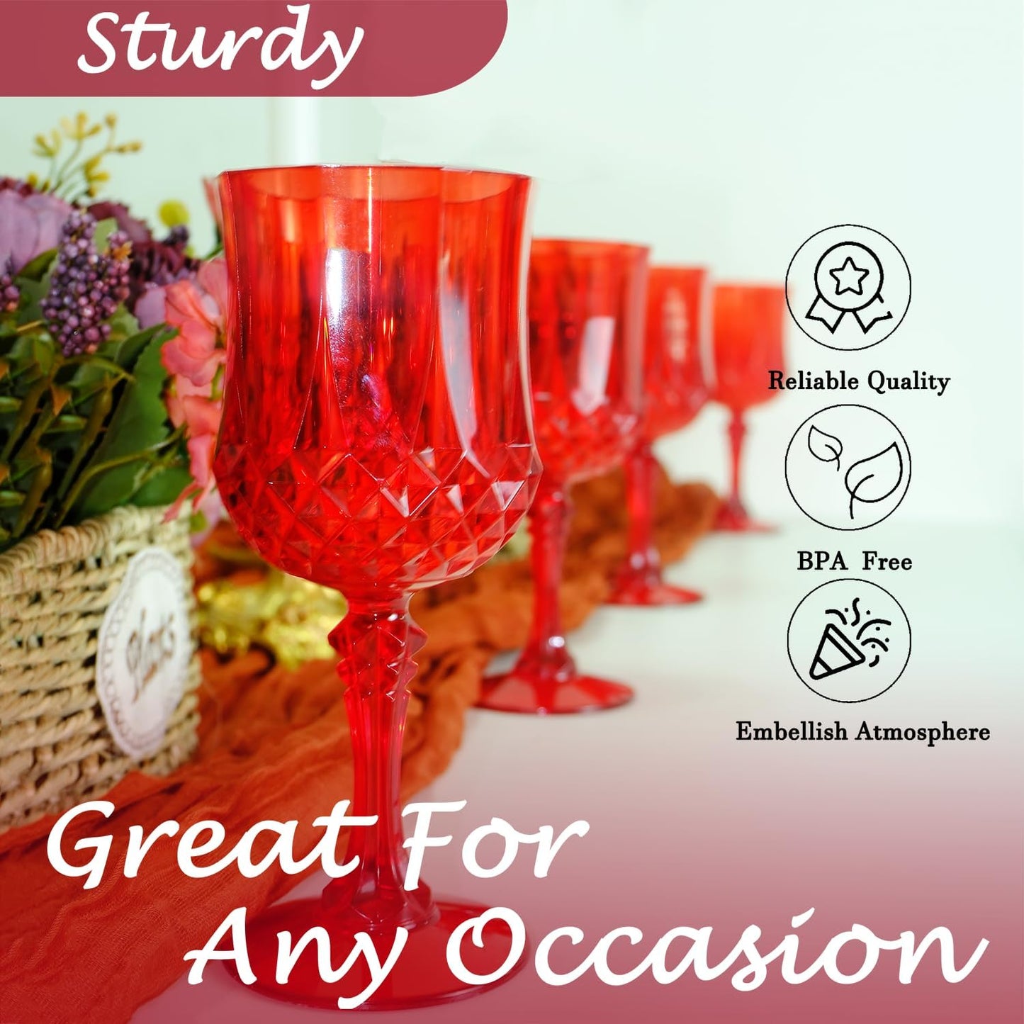 Plastic Wine Glasses,Plastic Goblets Vintage Style Cordial Drinking Glasses for Wedding Reception, Grand Event Party Supplies (12, Red)