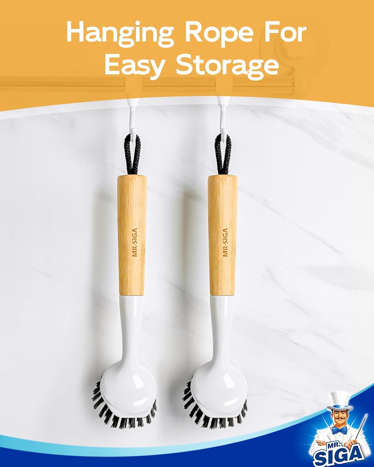 MR.SIGA Dish Brush with Handle, Dish Scrub Brush with Built-in Scraper, Bamboo Dish Brush for Pots and Pans, Kitchen Sink, 2 Pack