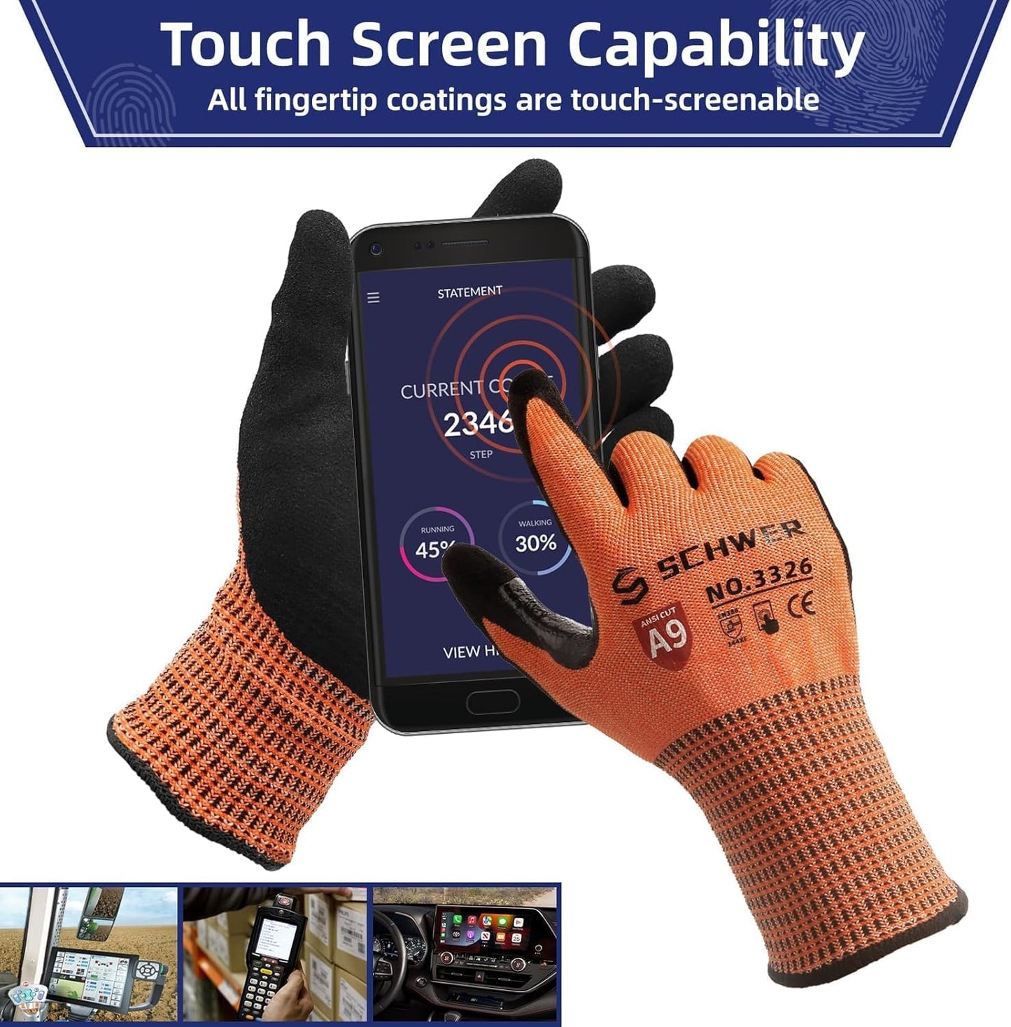 Schwer ProGuard Highest Level Cut Resistant Work Gloves PR3326 for Extreme Protection,ANSI A9 Cut Gloves with Reinforced Thumb, Non Slip, Breathable, Durable, Touch-screen, Non PFAS, Orange 1 Pair(L)