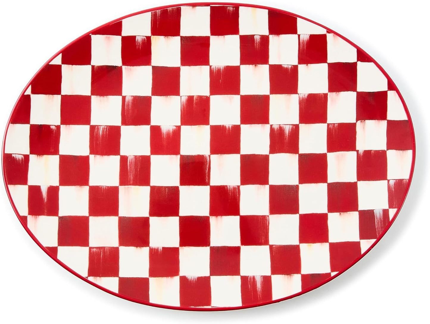 MACKENZIE-CHILDS Stoneware Serving Platter, Decorative Dinnerware Plate, 15" W x 12" L, Red-and-White Cherry Check
