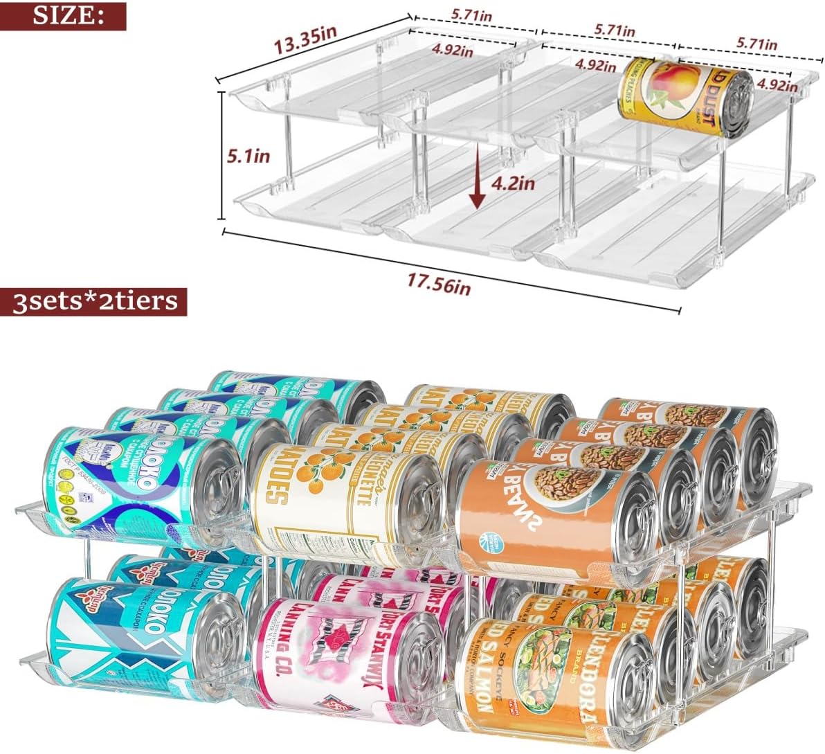 Can Organizer for Pantry, 6 Sets 3Tiers Can Storage Organizer Pantry, Soda Can Organizer for Fridge 72 Cans Rack Automatic Rolling Stackable Canned Food Organizer,Clear