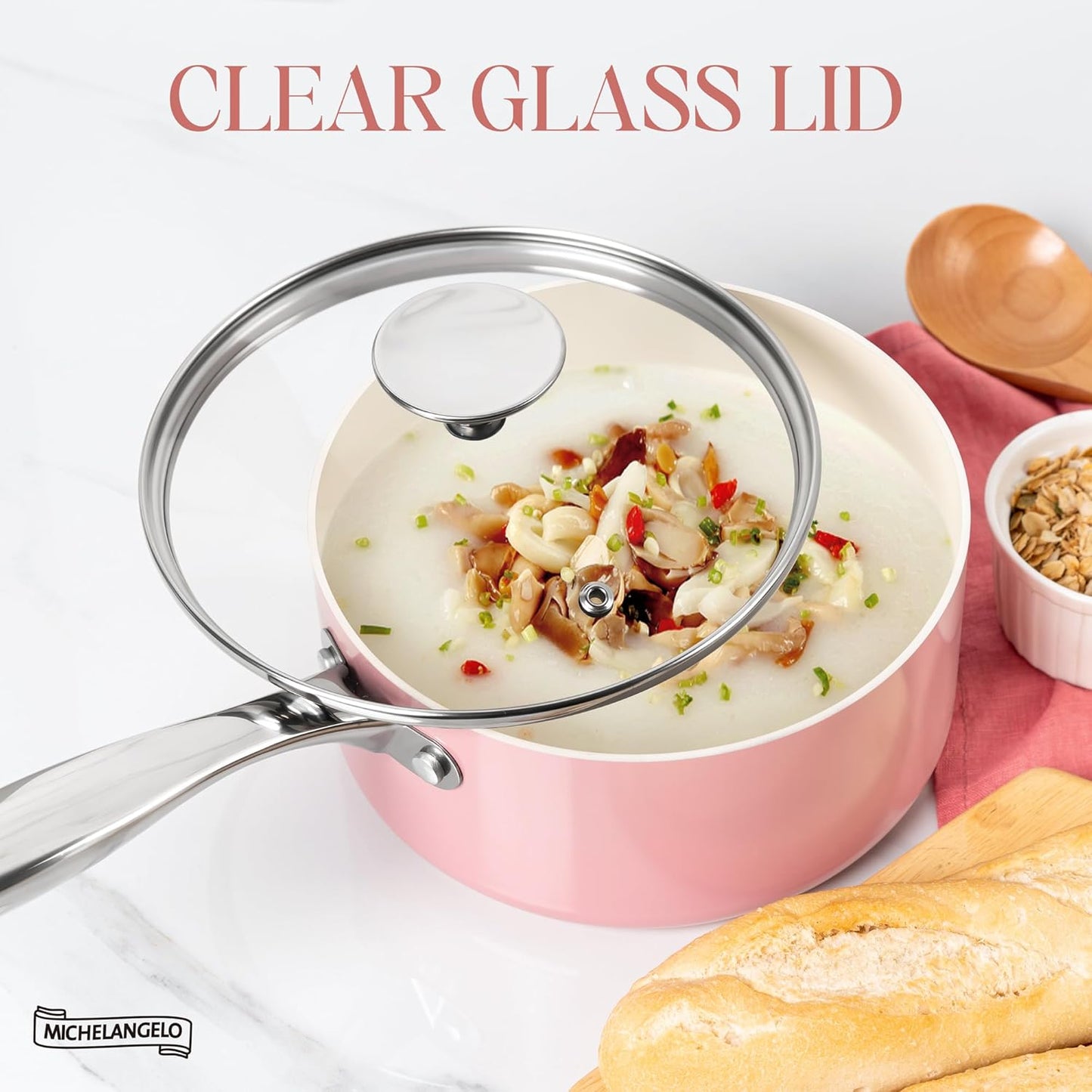 MICHELANGELO 3 Quart Saucepan with Lid - Non Toxic Sauce Pan with Nonstick Ceramic Coating, Scratch-Resistant, Induction Saucepan Suitable for All Stovetops, Pink