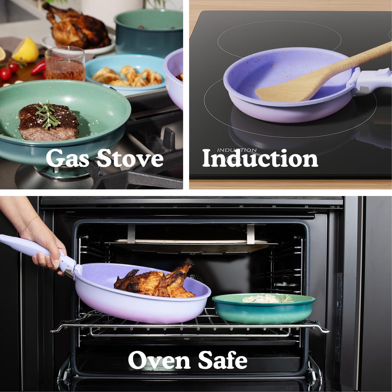 BytheTable Ombré Ceramic Titanium Non-Toxic, Nonstick Cookware Set 8-Piece Modular System with Removable Handle and Magnetic Lid, Magnetic Spatula, Eco-Friendly, Oven & Dishwasher Safe (Cataline Blue)