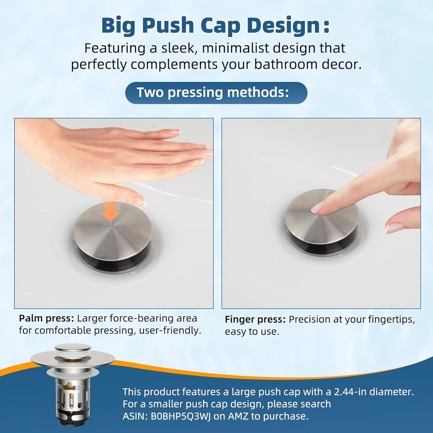 Hibbent Upgraded 3 in 1 Bathroom Sink Drain Strainer, Pop Up Sink Stopper with Big Push Cap, Anti-Clogging Metal Filter Basket,Sink Plug with Hair Catcher for 1.1''~2.36'' Basin, Brushed Nickel