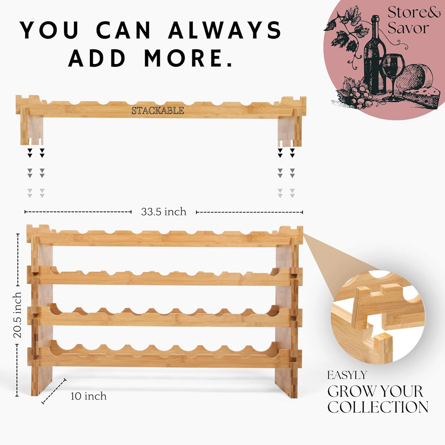 DECOMIL - 36 Bottle Large Wine Rack, Stackable & Modular Wine Storage Rack, Solid Bamboo Wine Holder Display Shelves, Wobble-Free (Four-Tier, 36 Bottle Capacity)