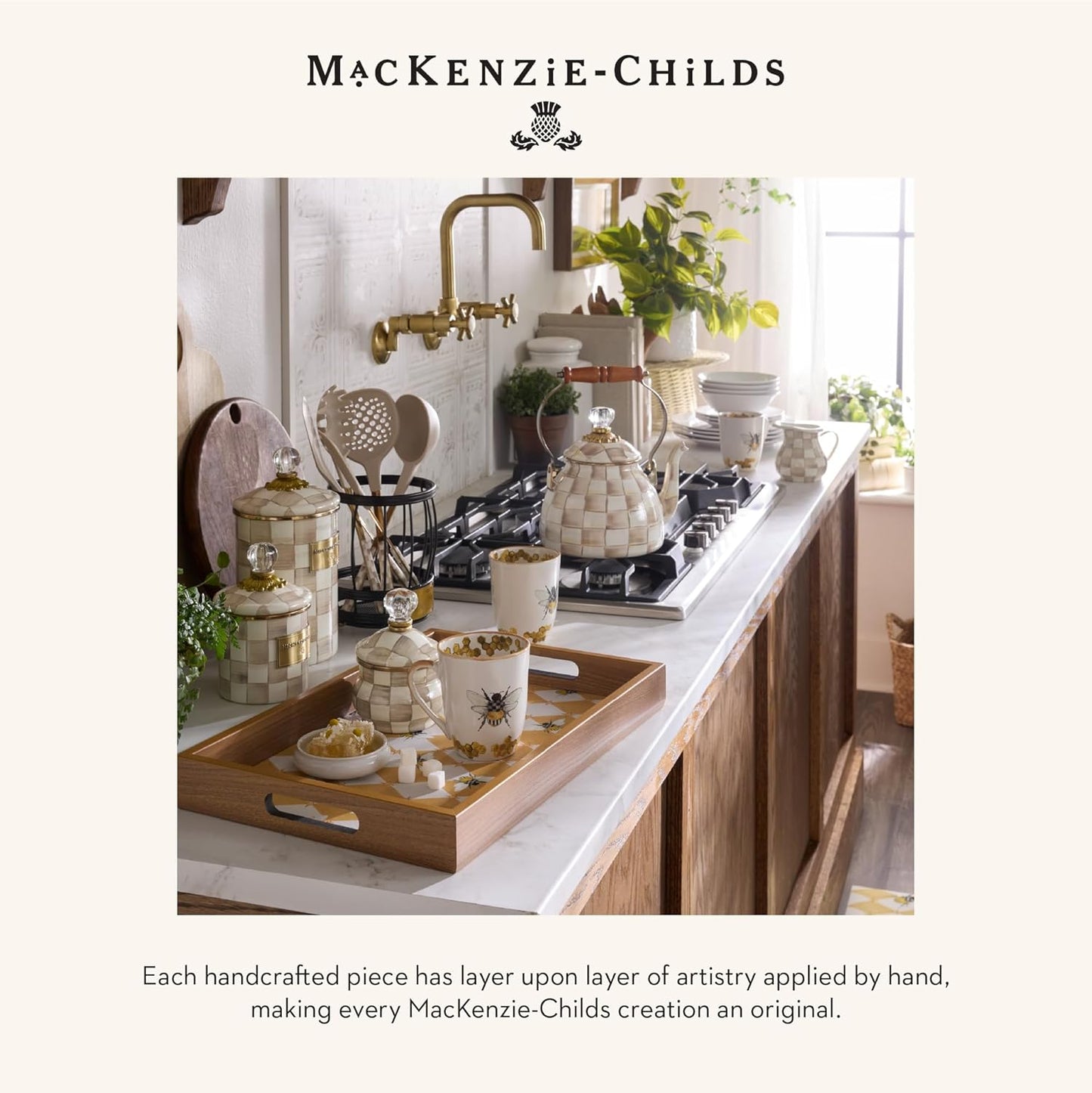 MACKENZIE-CHILDS Wooden Tray with Handles, Rectangular Tray for Serving, Queen Bee