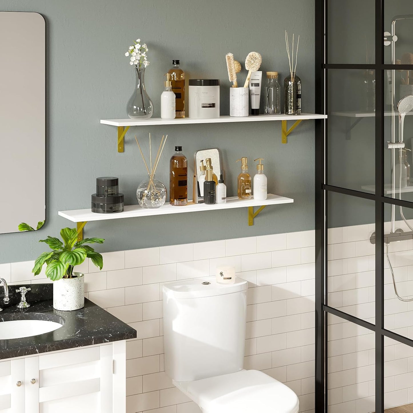 DINZI LVJ Long Wall Shelves, Set of 4, 39.4Inch Wall Mounted Shelves, Floating Shelves for Wall Storage with Metal Brackets, for Living Room, Bathroom, Bedroom, Kitchen, White and Gold