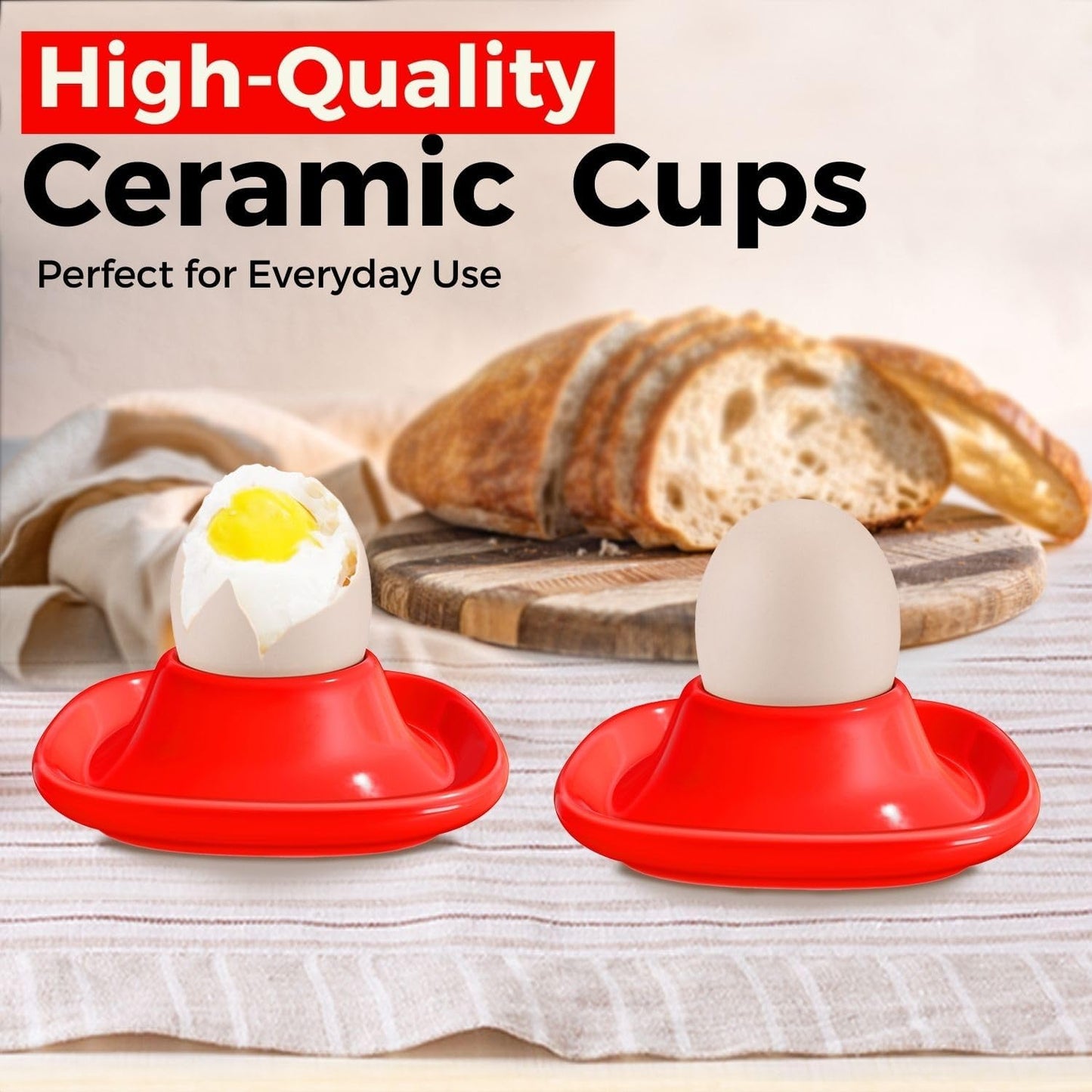 Flexzion Soft Boiled Egg Holder Set - 4-Piece Red Ceramic Egg Cup, Stackable Egg Coddler Cups with Base for Serving, Breakfast, Brunch - Kitchen Table Decor, Red