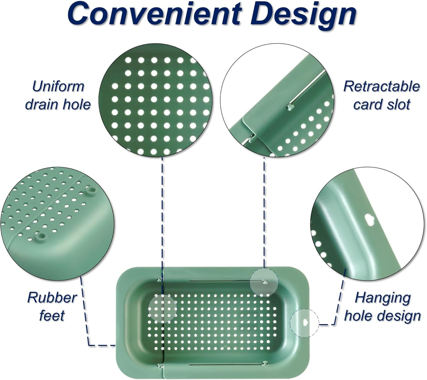 Extendable Sink Colander Strainer Basket - Wash Vegetables and Fruits, Drain Cooked Pasta and Dry Dishes - Adjustable Over the Sink Colander Collapsible Drainer Basket - Green