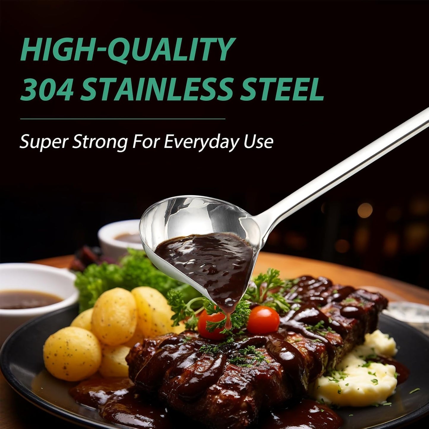 Gravy Ladle with Spout, Stainless Steel Large Ladles for Serving Sauce, Metal Ladle with Long Handle for Kitchen, Comfortable Grip, Durable Construction, Silver (4 oz)