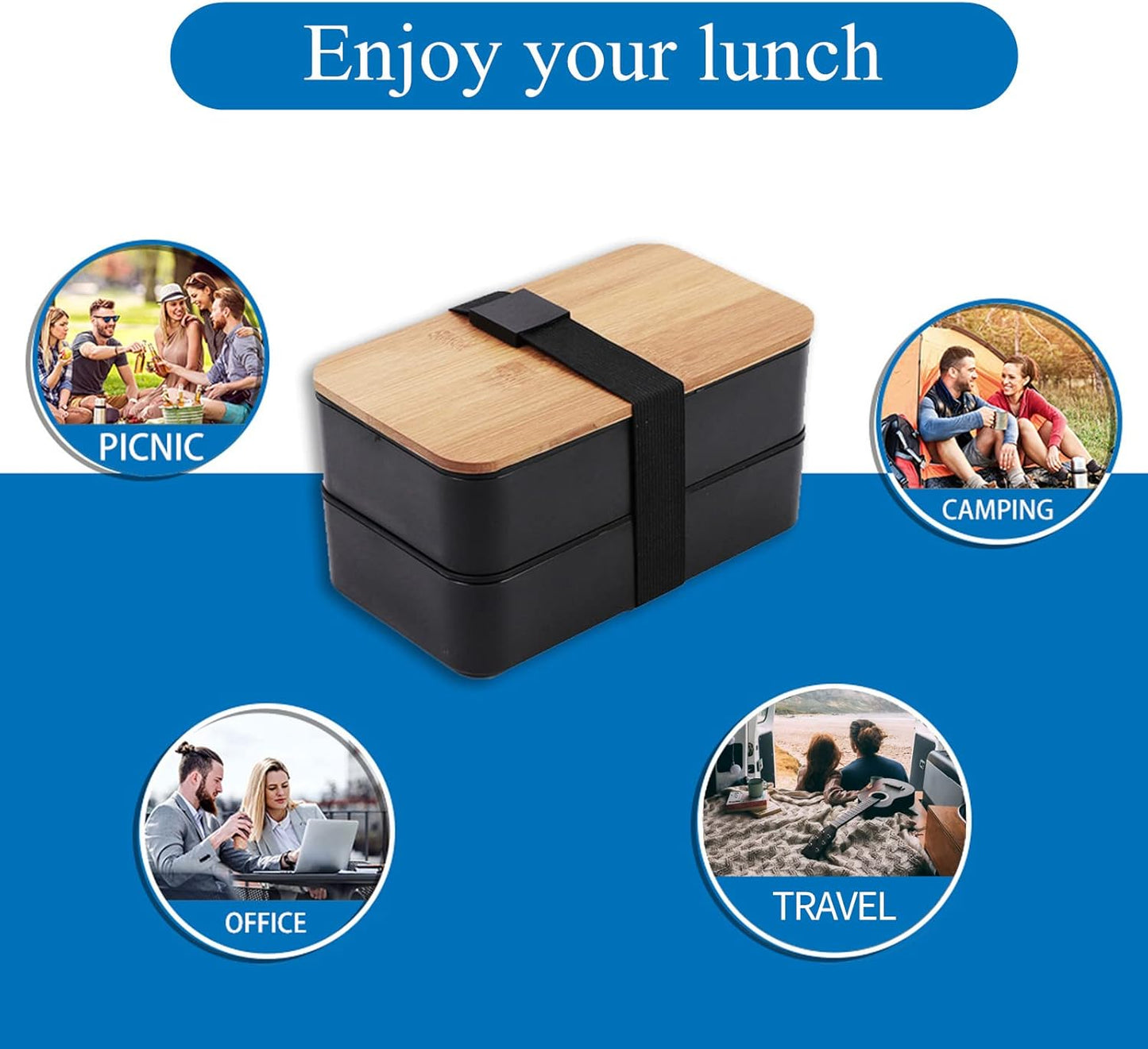 Japanese Bamboo Bento Box with Compartments and Utensils Stackable Lunch Box Includes Lunch Bag for Meal Prep Black