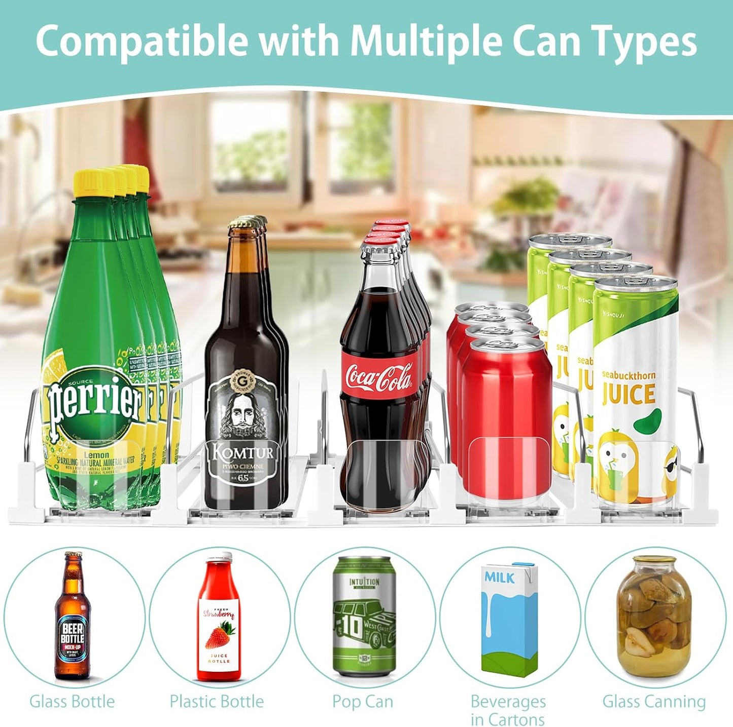 Drink Organizer for Fridge, 5 Row Automatic Pusher Glide, Adjustable Width Soda Can Dispenser for Refrigerator-Holds up to 25 Cans