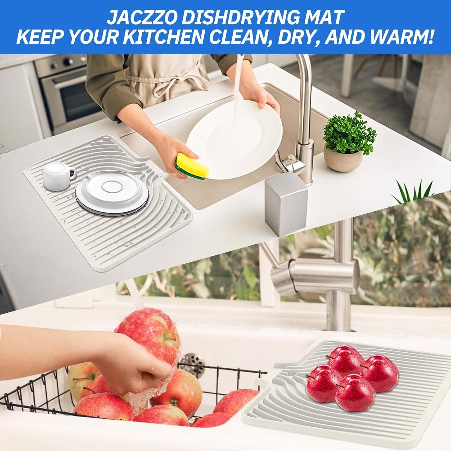 Silicone Dish Drying Mat for Kitchen Counter with Built-in Drain, Easy Clean Pad for Countertop Protection, Fast Self-Draining Slope, Non-Slip, Multiple Use 17.7 x 11.8 Inch ( Tapioca)
