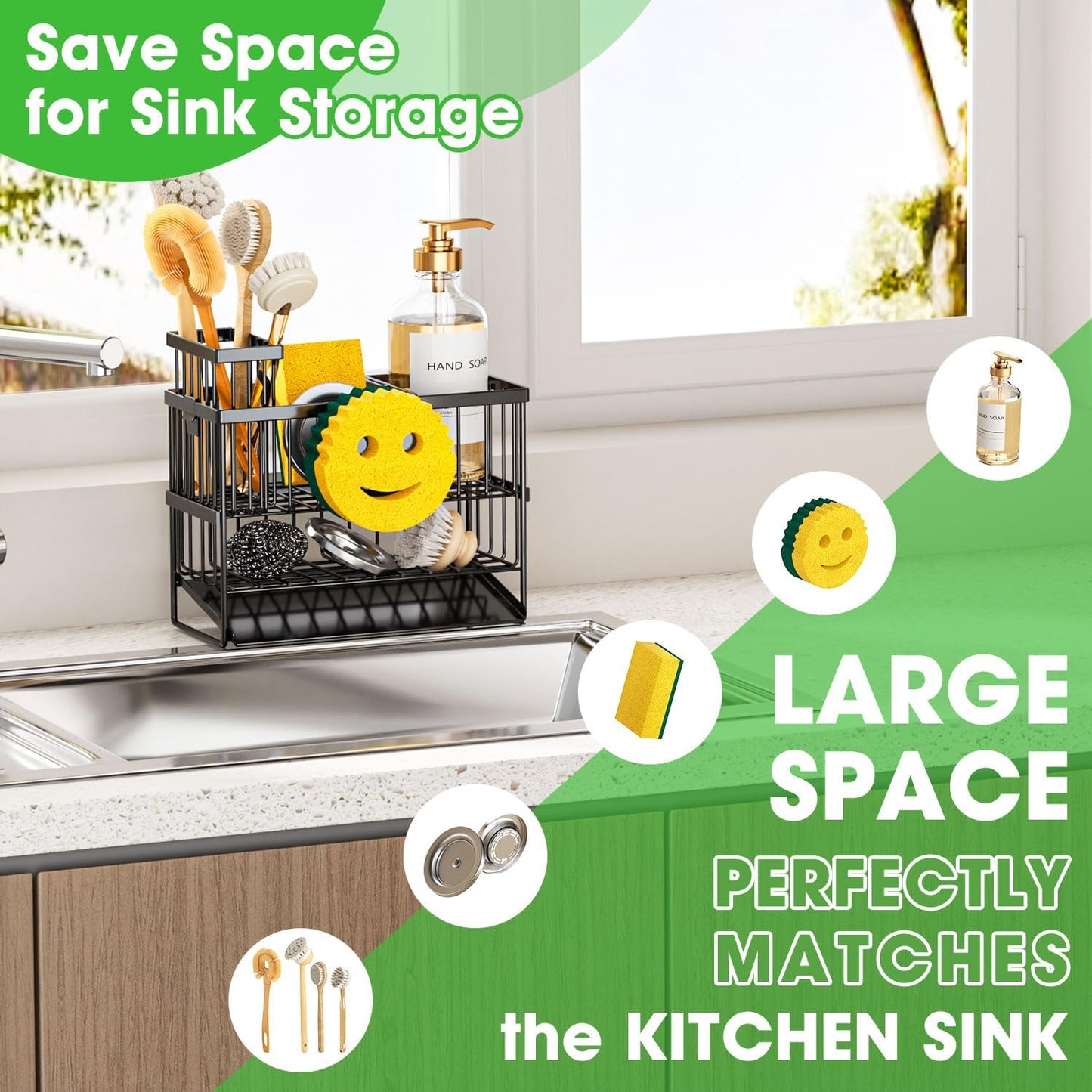 Sponge Holder for Kitchen Sink, 2 Tier Smiley Face Sink Caddy Organizer with High Brush Holder, Self-Draining Sponge Holder for Sinks, Soap Dispenser Organizer, Rustproof 304 Stainless Steel