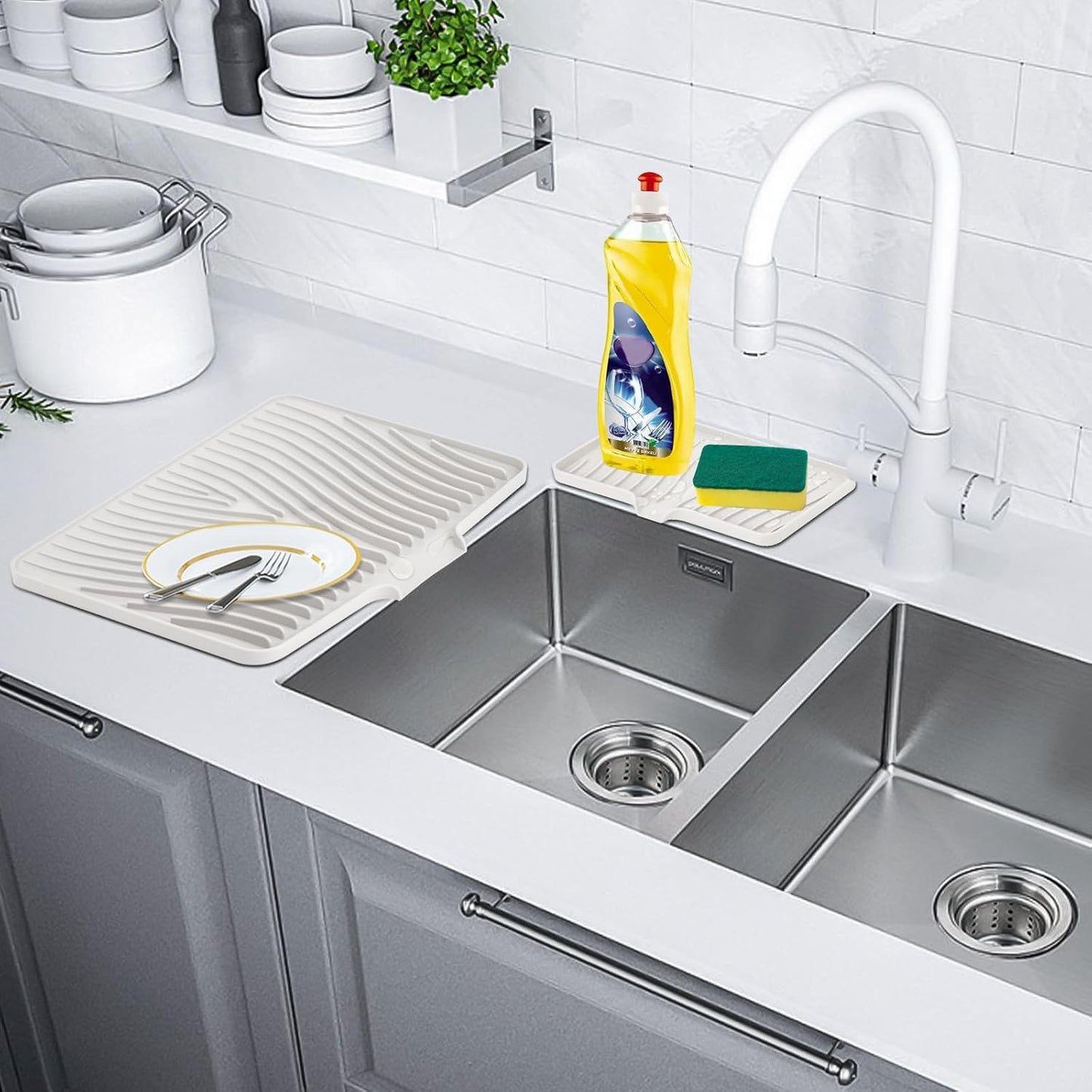 Silicone Dish Drying Mat for Kitchen Counter, Dish Drying Pad, Non-Slip Drain Pad with Built-in Drain, Heat Resistant Stone Drying Mat, 3 pcs (Cream)