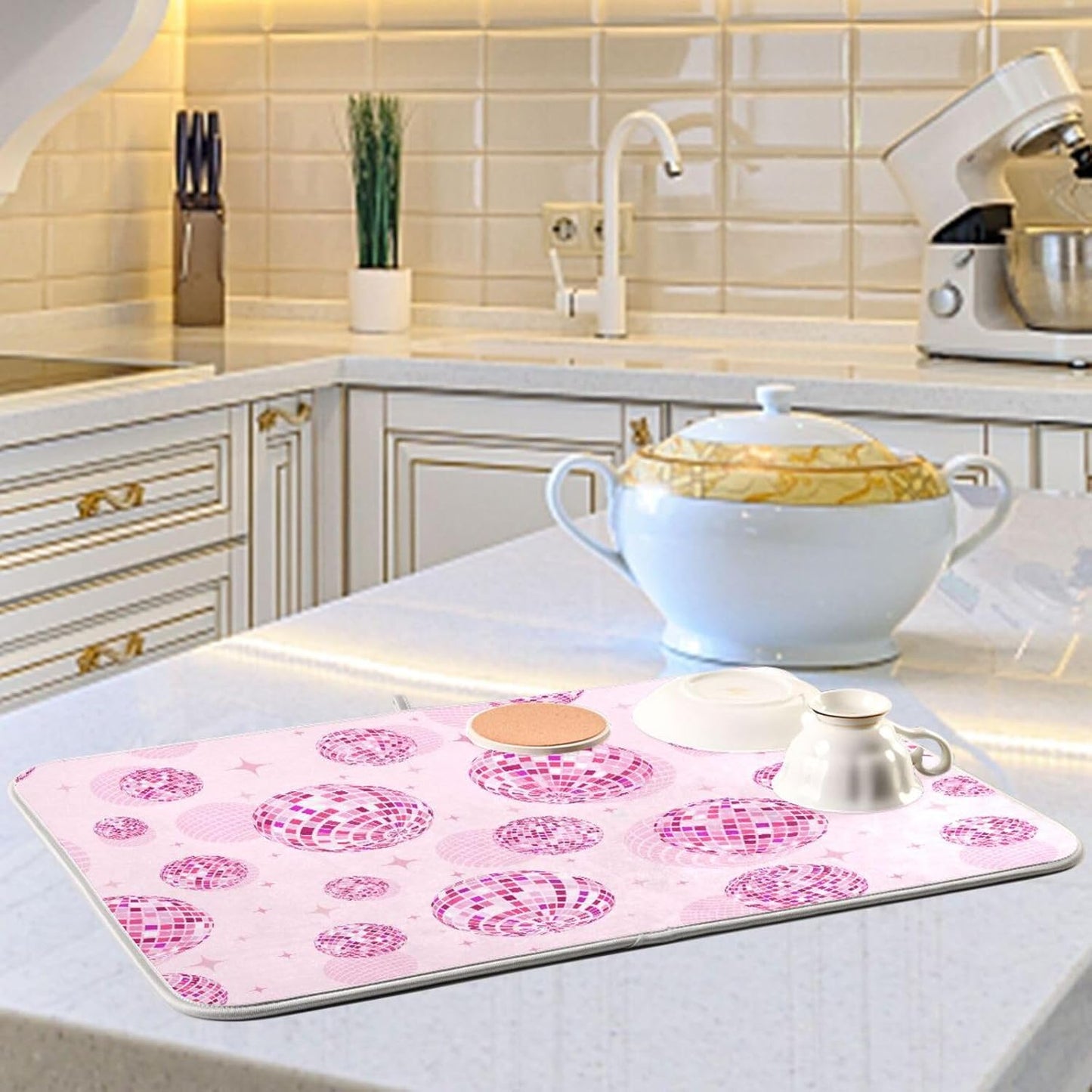 Disco Balls Pink Dish Drying Mat for Kitchen Counter Absorbent Microfiber Drying Pad, Large 18x24 in, Reversible Drainer Mats