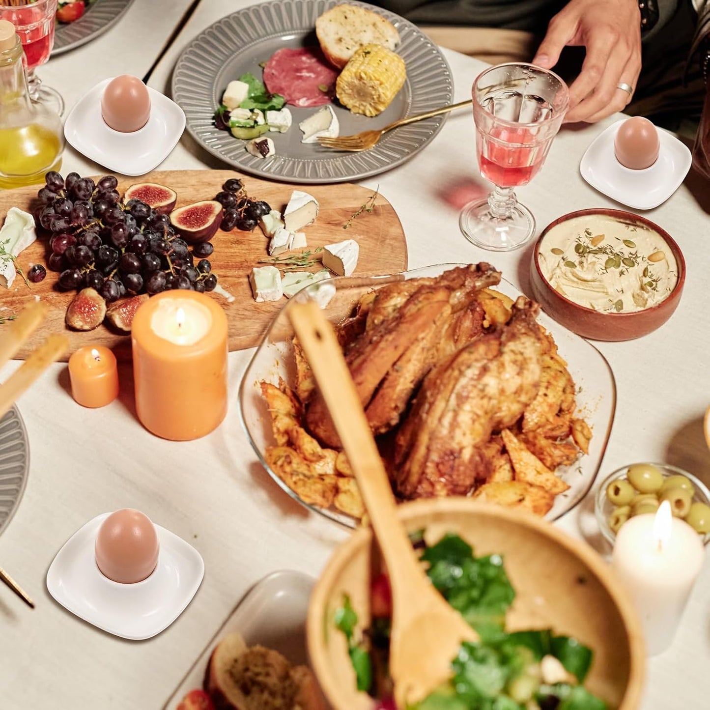 Honeydak 6 Pcs White Ceramic Egg Cups Hard Soft Boiled Egg Holders Stackable Porcelain Dish with Base for Breakfast Brunch Kitchen Serving Table Decor