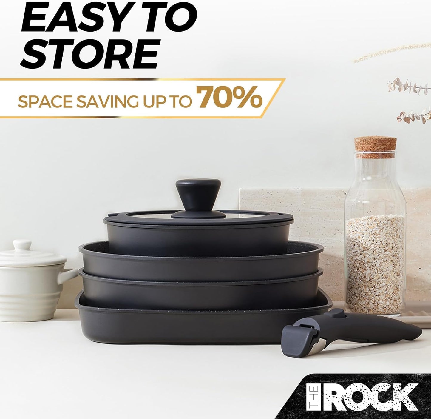 THE ROCK SMART SPACE 16pc Nonstick Pots and Pans Set with ROCK.TEC, Stackable Cookware Set with Detachable Handles, Scratch/Stain/Crack Proof, Induction Ready, Oven & Dishwasher Safe, PFOA-Free, Black