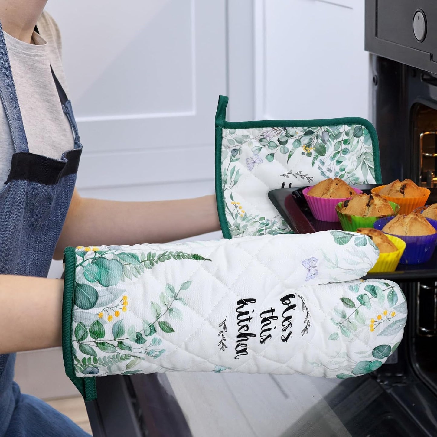 Eucalyptus Leaf Oven Mitts and Pot Holders Sets 4Pcs, 100% Cotton Heat Resistant, Extra Long Oven Gloves Potholder for Kitchen Cooking Baking Decoration