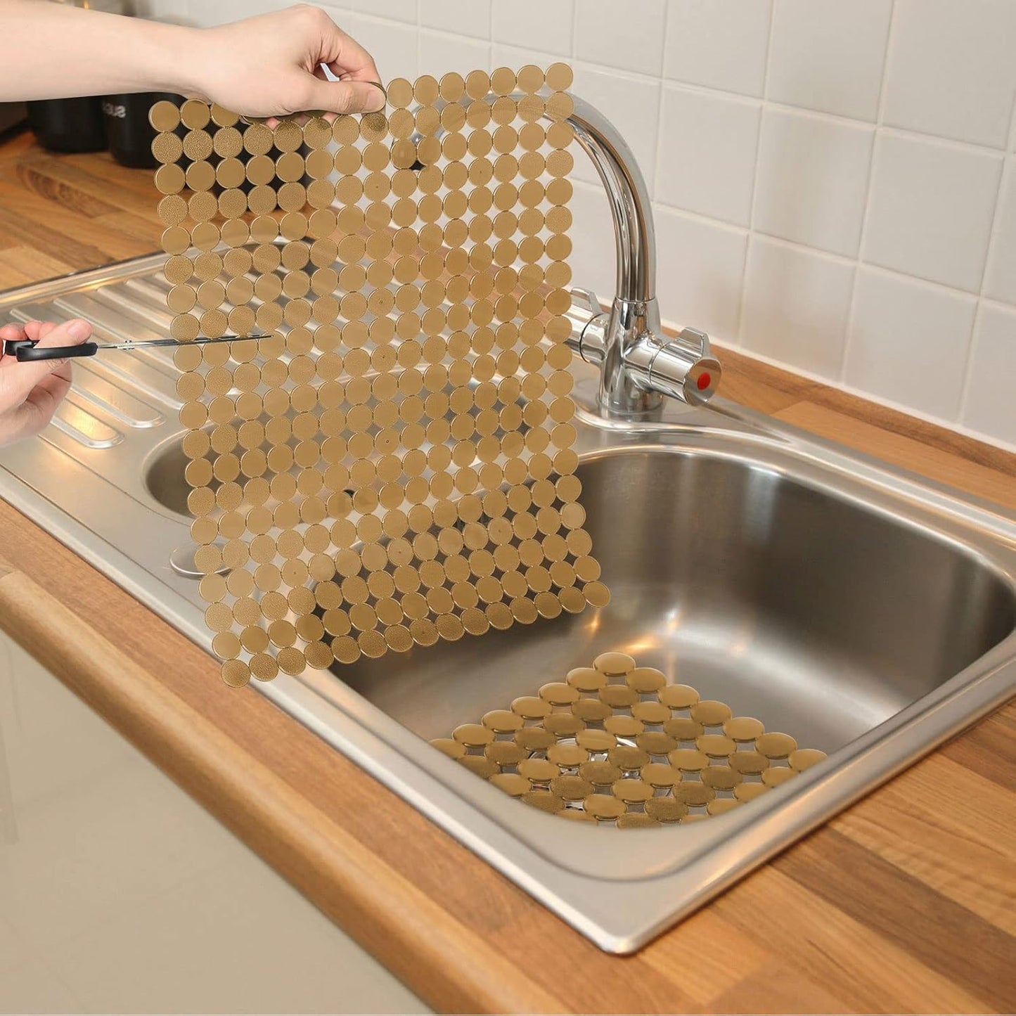 Qulable 2Pack Kitchen Sink Mat for Stainless Steel/Ceramic Sinks, PVC Eco-friendly Protectors for Bottom of Kitchen Sink, Adjustable, Fast Draining, Dots Design, 11.8x15.7 (Bronze)