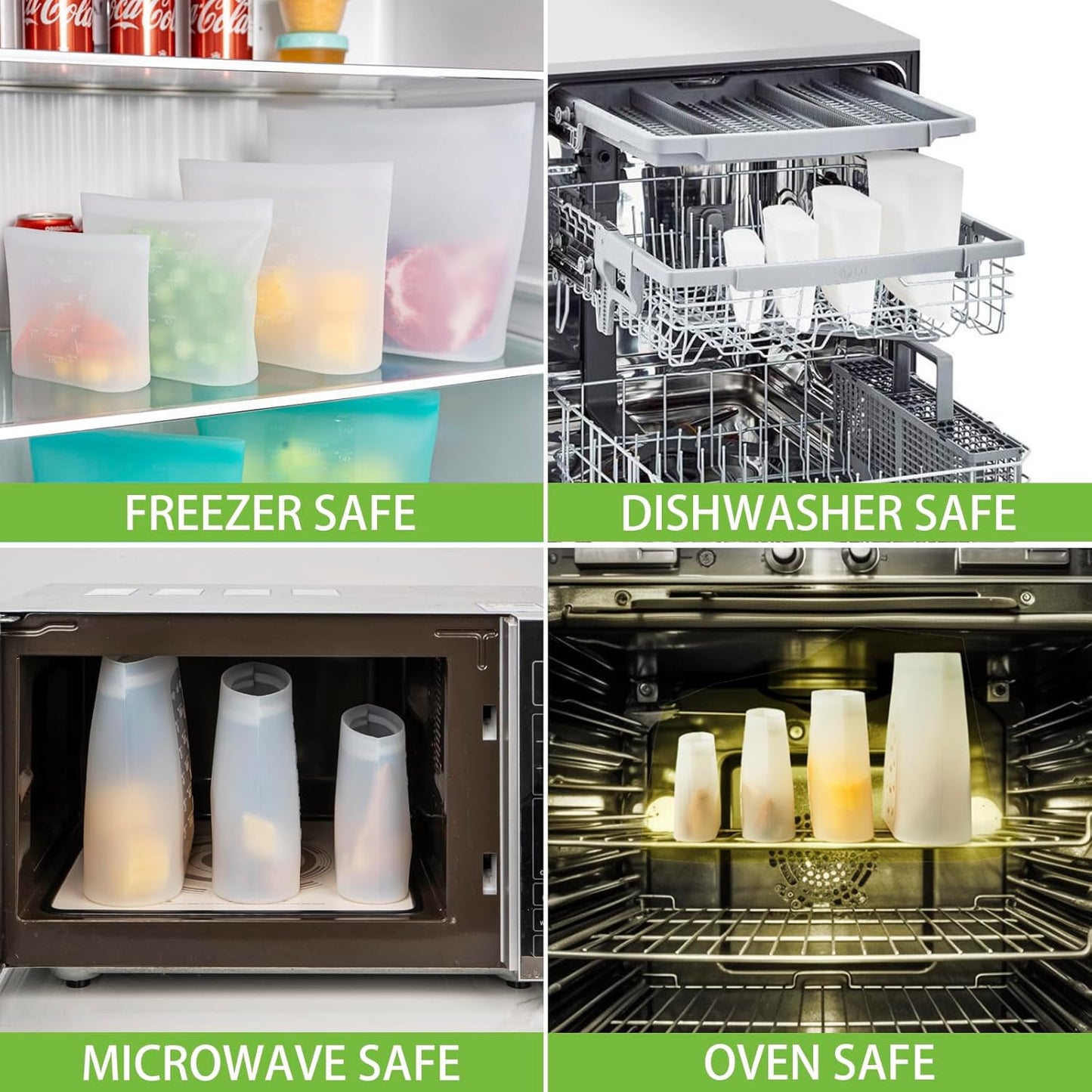 Reusable Storage Bag, 12 Pack 100% Silicone Food Storage Bags Stand Up Zip Lock Bags for Food, Freezer Microwave Oven Dishwasher Safe, 3 Extra Large(0.8 Gallon) 3 Medium 3 Small 3 X-Small, Translucent