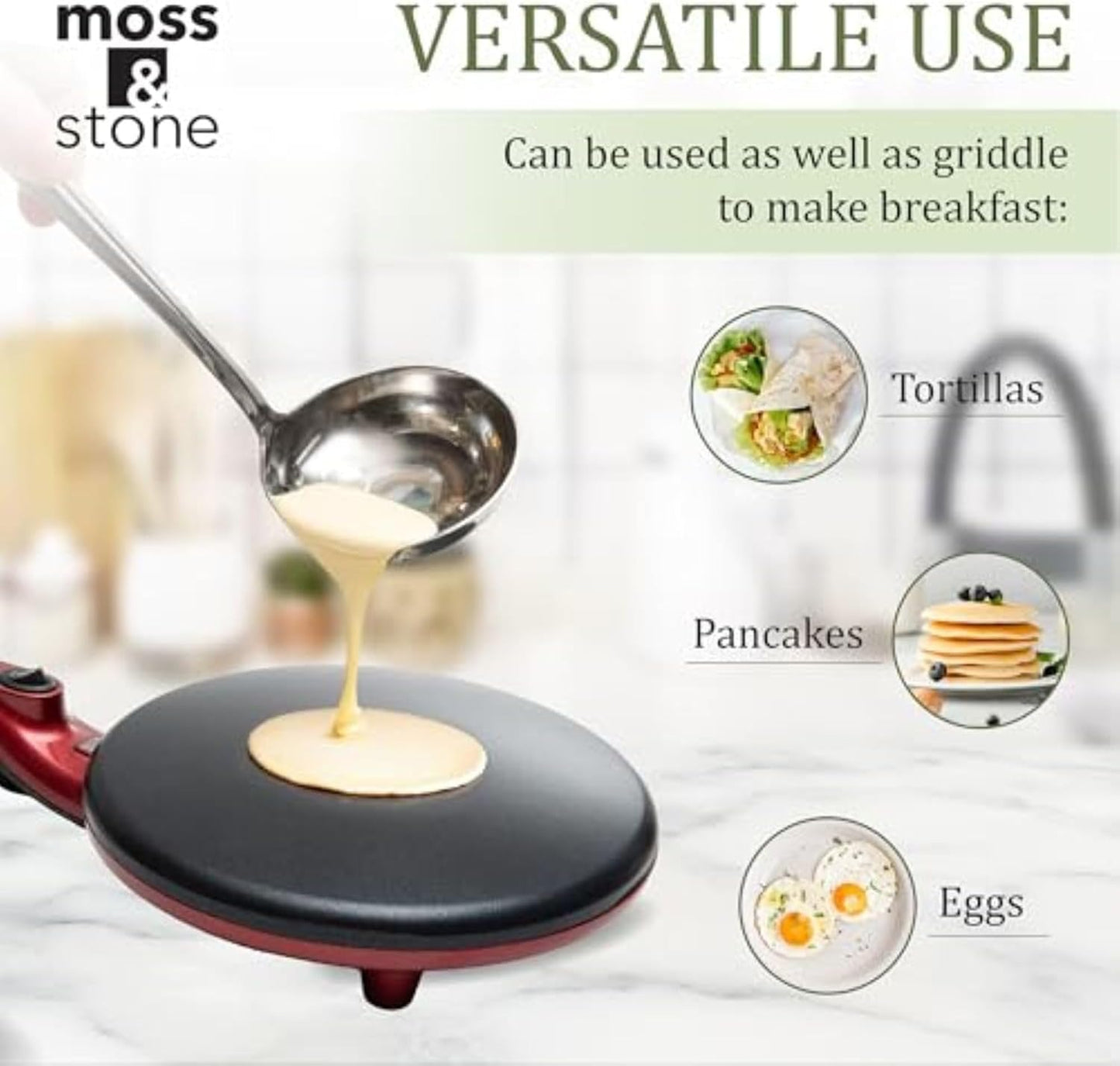 Moss & Stone Electric Crepe Maker 8 Inch, Portable Crepe Maker & Hot Plate Cooktop On/Off Switch, Nonstick Coating, Dual Temperature Setting, Easy To Use For Pancakes, Blintz, Chapati