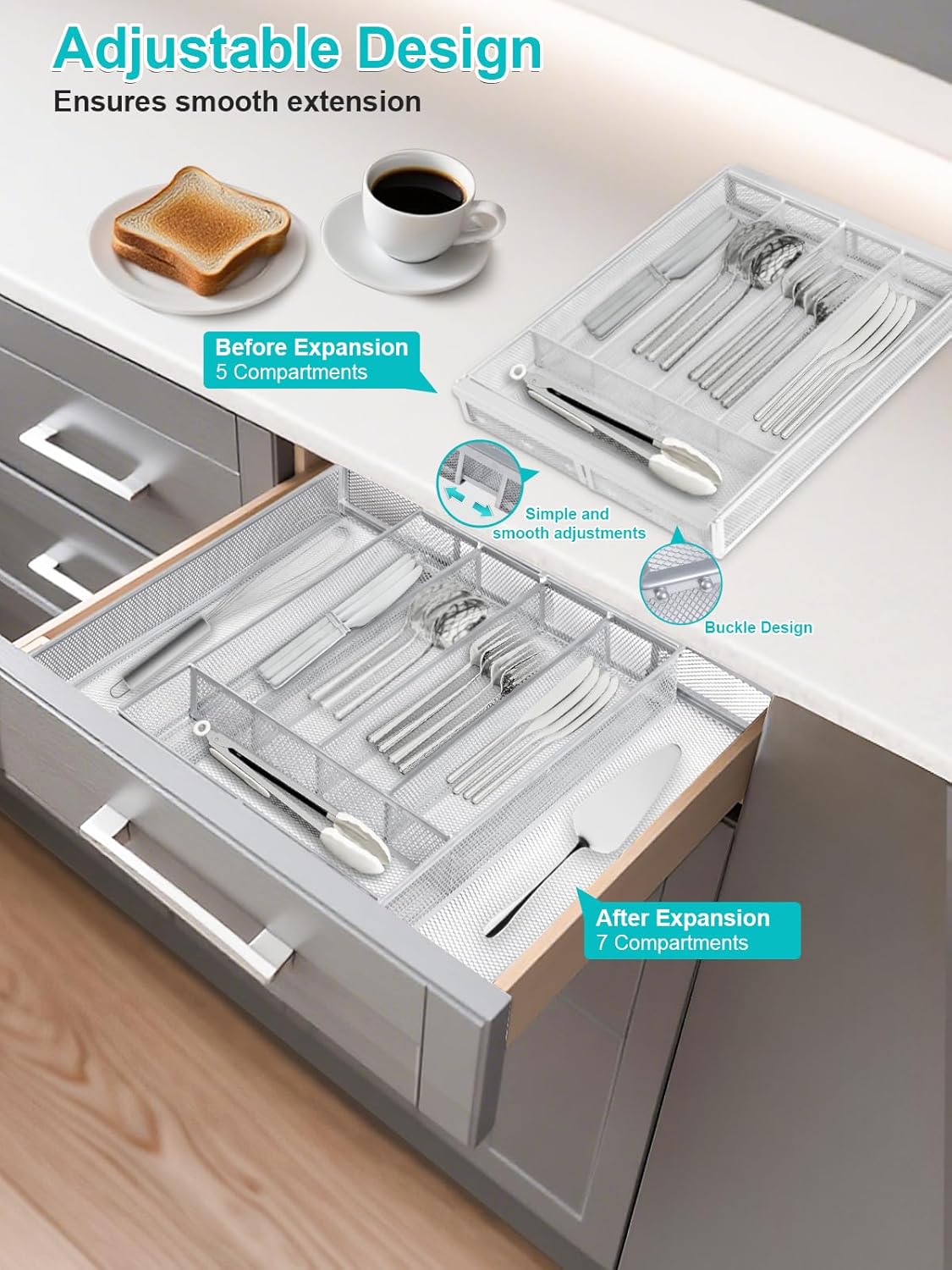 Silverware Organizer Metal Mesh, Drawer Organizer, Utensil Cutlery Tray for kitchen drawers,Expandable Flatware Organizer with 7 Compartment White 9.4"~17.3" x 13.7"