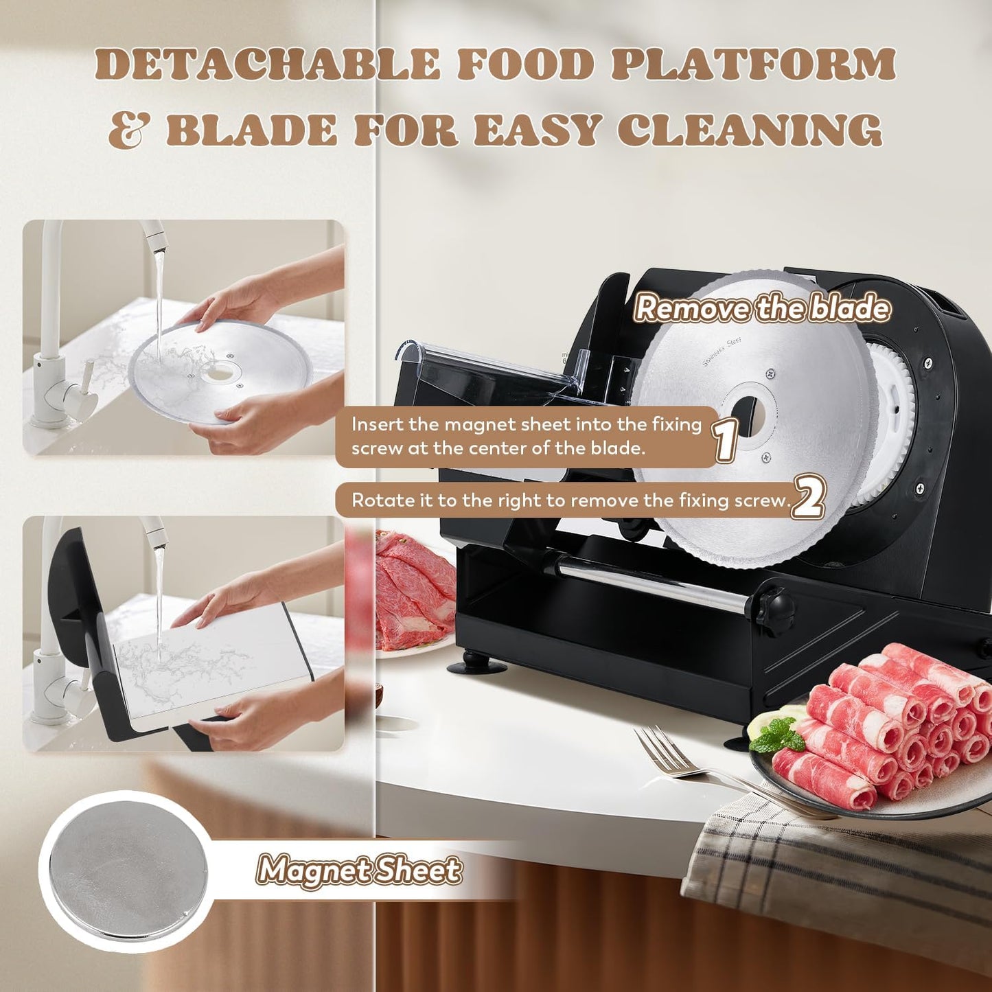 Moongiantgo Electric Meat Slicer 220W, 1-20mm Adjustable Thickness Deli Food Slicer with 2 Removable 7.3" Stainless Steel Blade, Removable Food Platform, Cheese Fruit Bread Slicer for Home,110V