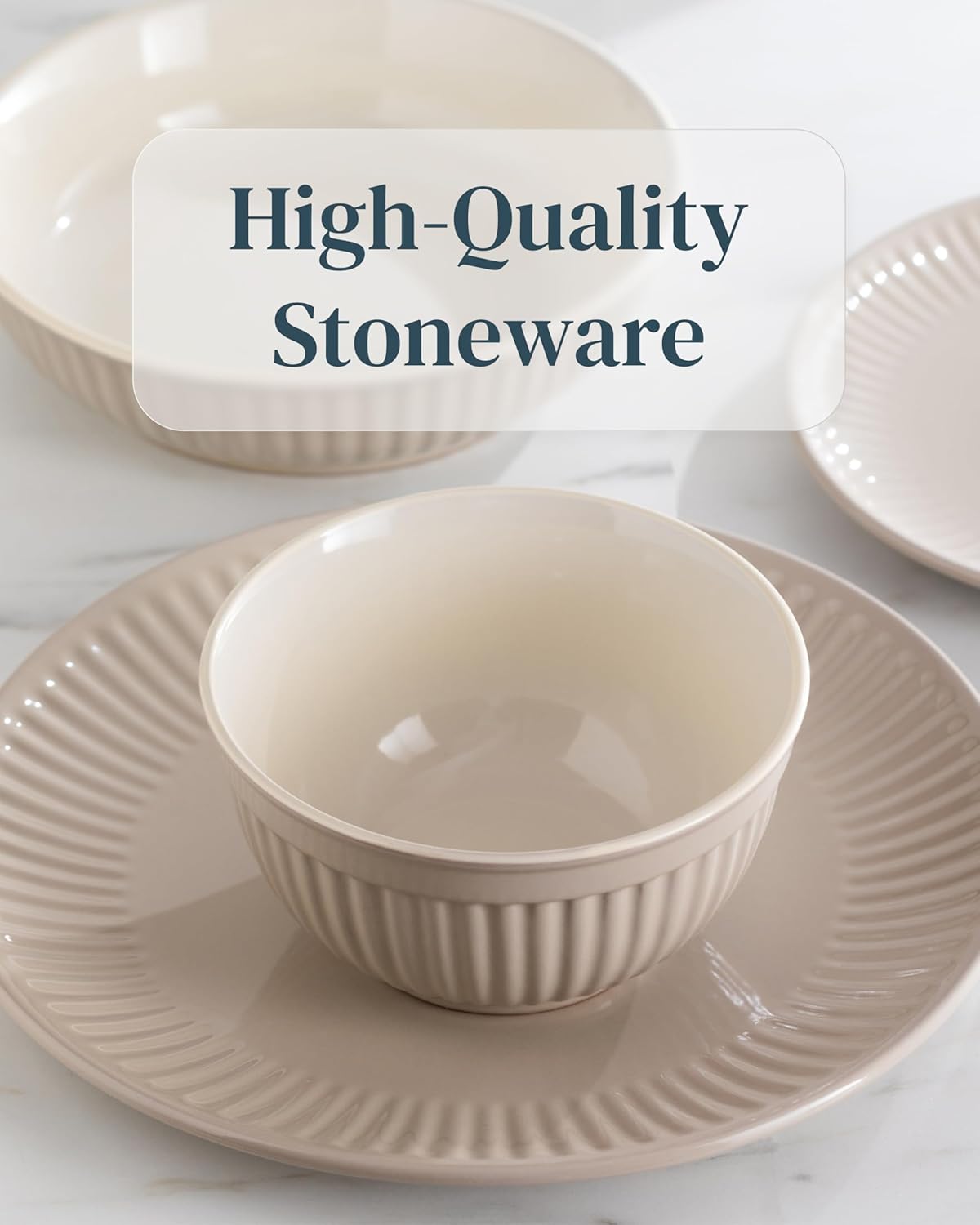 Stoneware Dinnerware Set for 8 People HYGGE 24-Piece - Elegant Scandi Design - Premium Dish Set - Bowl and Plate Set - Tableware for 8 People in a Ribbed Design - Pure Living in Light Brown