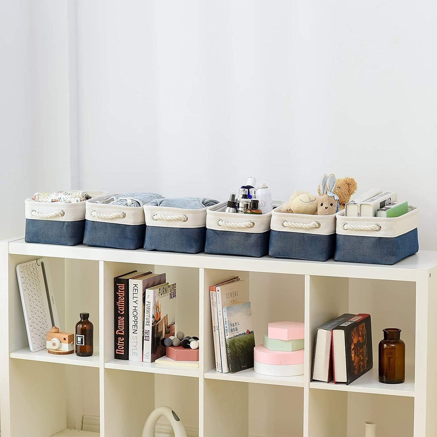 TcaFmac Organization and Storage Cubes - 12x8x5.2 inch Small 6 Pack Collapsible Storage Bins for Sheves, Fabric Storage Basket for Gifts Empty for Closet Cloth Toy Kids Books(White & Jean Blue)