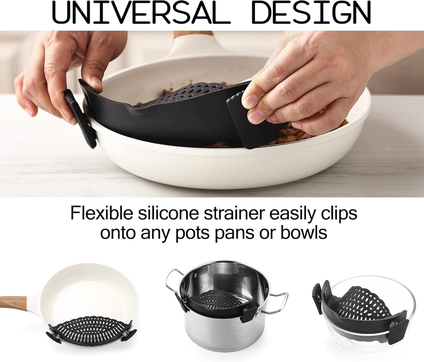 Adjustable Over the Sink Colander Strainer, Silicone Clip On Strainer for Pots Strainers and Colanders Plastic Drainer Basket for Food Pasta Vegetables Kitchen, Extendable 14.5"-19.5", Black