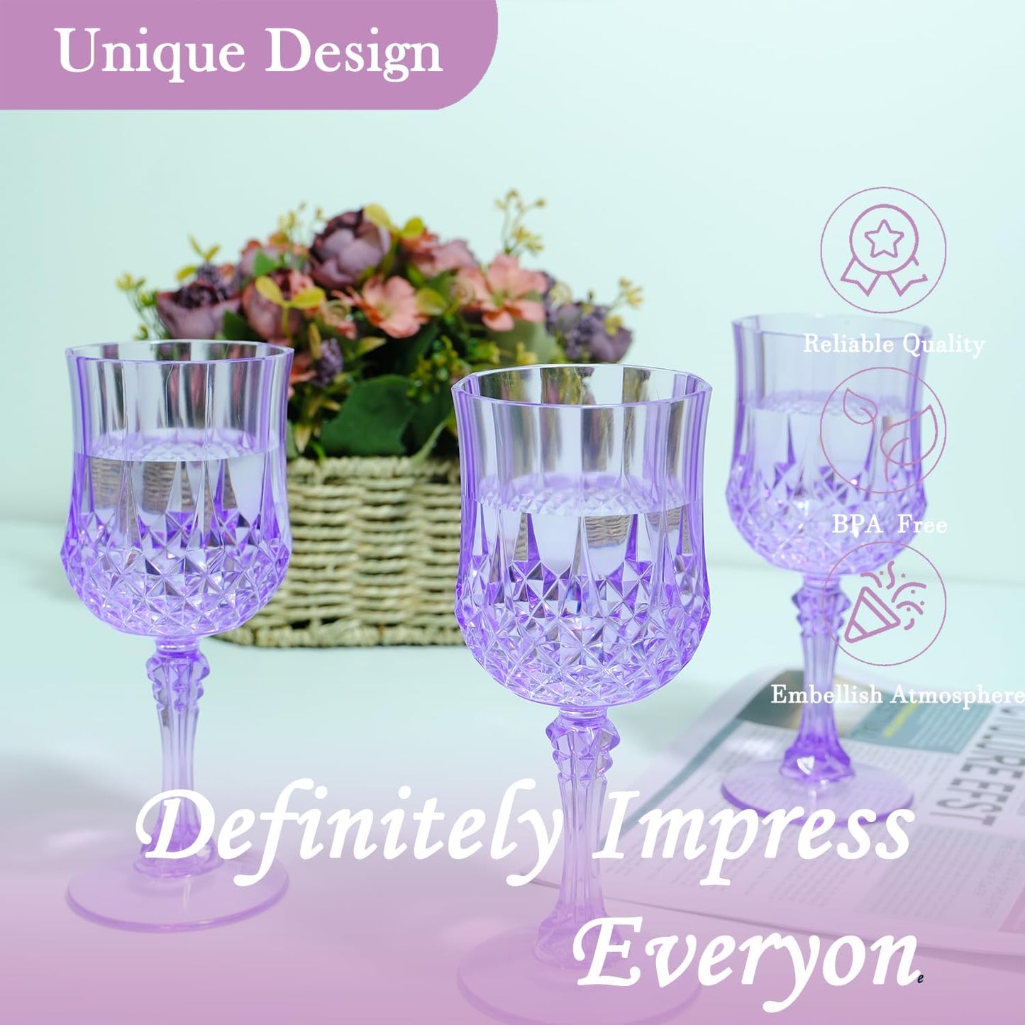 12-Piece Vintage Style Plastic Wine Goblets - Elegant Purple Glassware for Weddings and Events