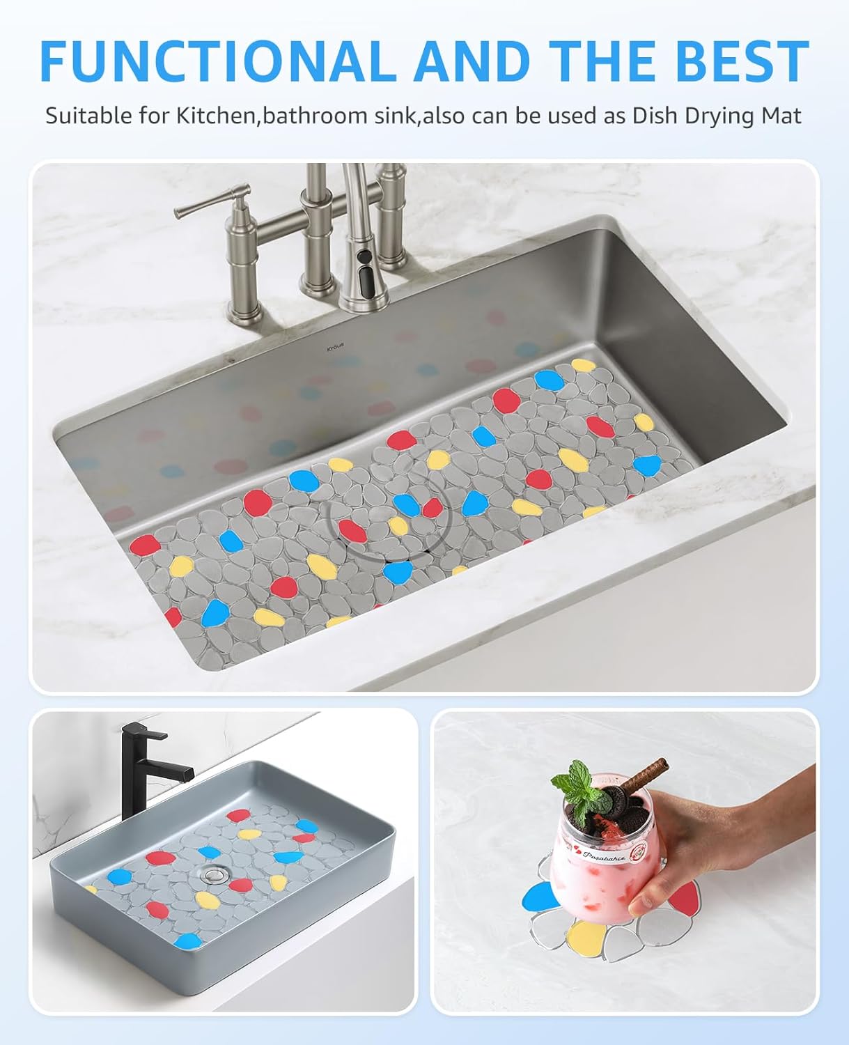 OTHWAY 2Pcs Kitchen Sink Mats, 15.7" x11.8" Scratch Free Sink Protector for Stainless Steel/Porcelain Sink, Pebble Design Quick Drain Dish Drying Mat Handpainted-Clear