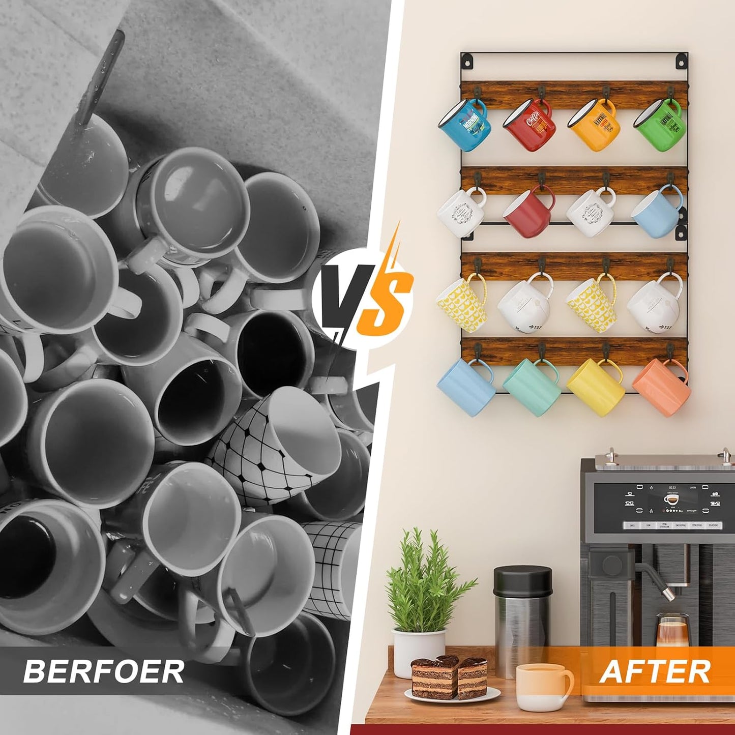 Coffee Mug Holder Rack Organizer - Wall Mounted Rack to Hold Up to 16 Mugs (2Pack), Rustic Wood Cup Organizer Rack & Display Shelf for Kitchen, Coffee Bar, Home, Office