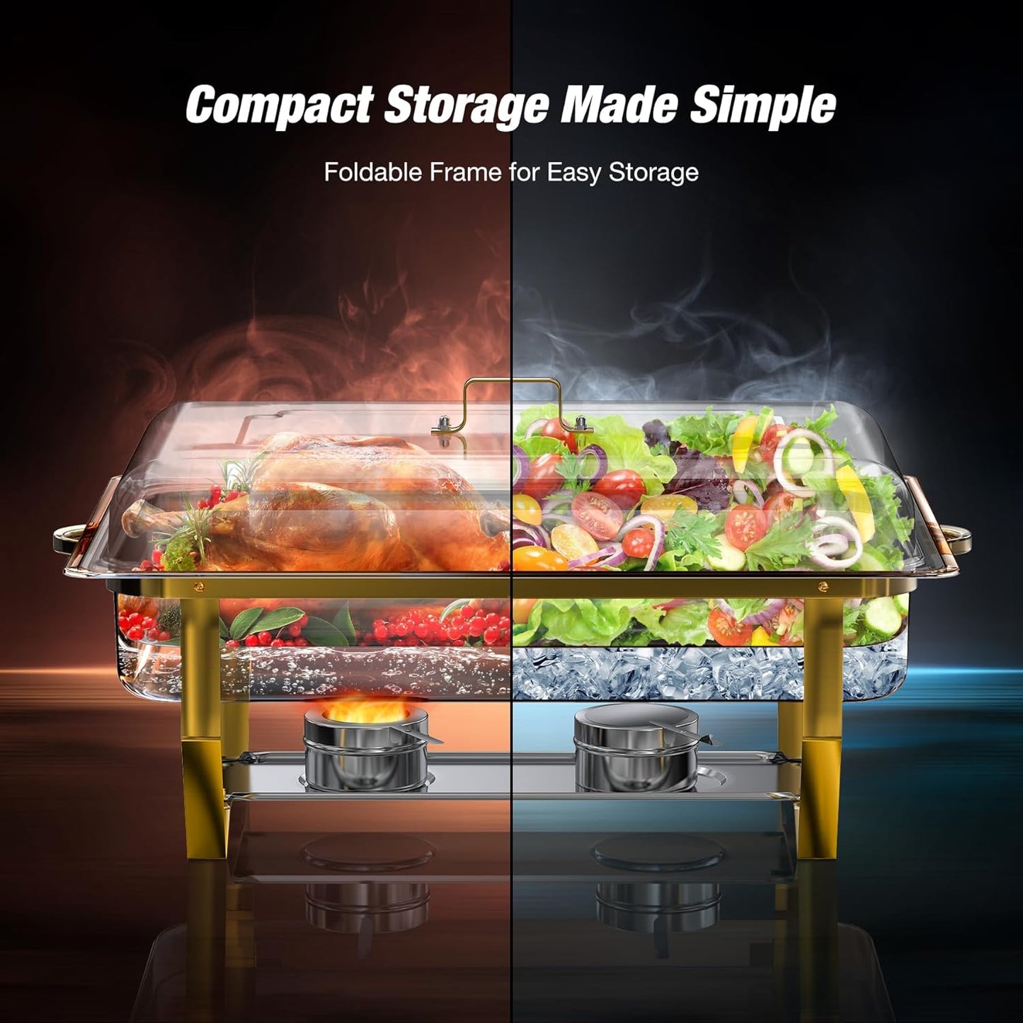 Gold Chafing Dishes for Buffet (9QT, 2 Pack) - Easy Assembly, Food-Grade Stainless Steel Chafers for Catering w/Rolled Edge Design, Foldable Frame, for Party, Banquet (Full Size Food Pan)