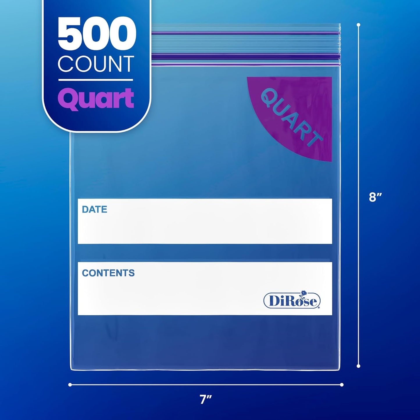 DiRose Quart Bags Pack of 500 – 1 Quart Reclosable Food Storage Bags – Practical and Durable Design – Food Safe Non-BPA Material – Easy Double Zip Closure – Ideal for Food, Snacks, Organizing