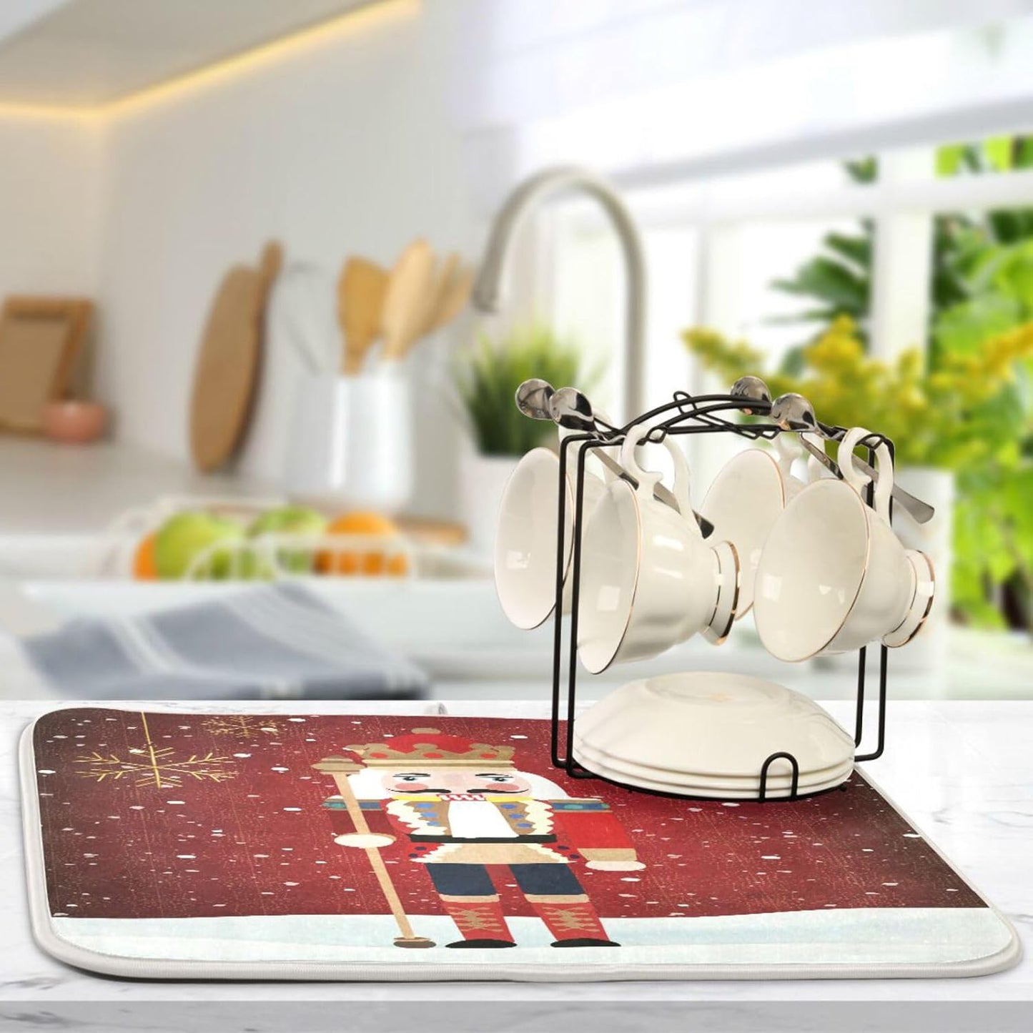 Nutcracker Christmas Dish Drying Mat for Kitchen Counter Absorbent Microfiber Drying Pad, Large 18x24 in, Reversible Drainer Mats