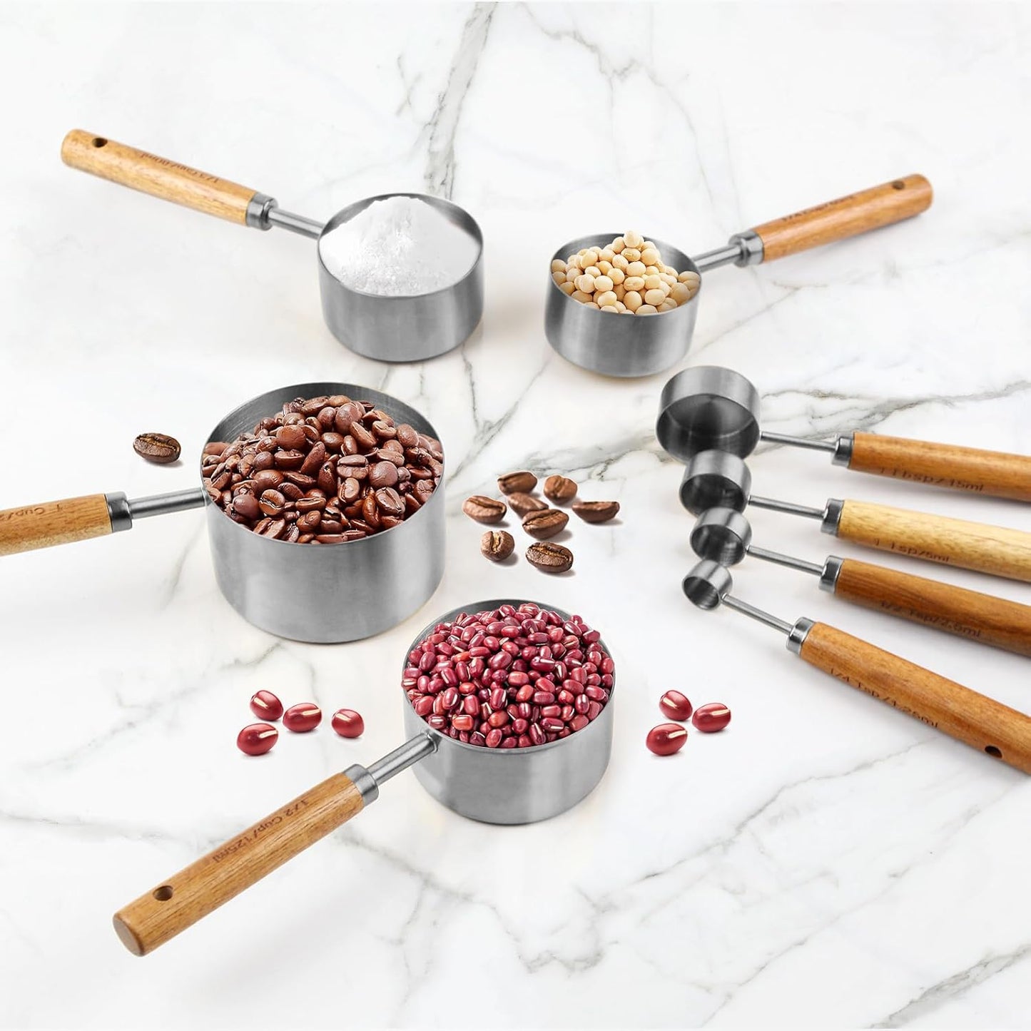 Measuring Cups and Spoons Set,Measuring Cup Set with Wooden Handle and Metric and US Measurements,Silver Polished Finish,for Cooking and Baking in The Kitchen (8 Piece)